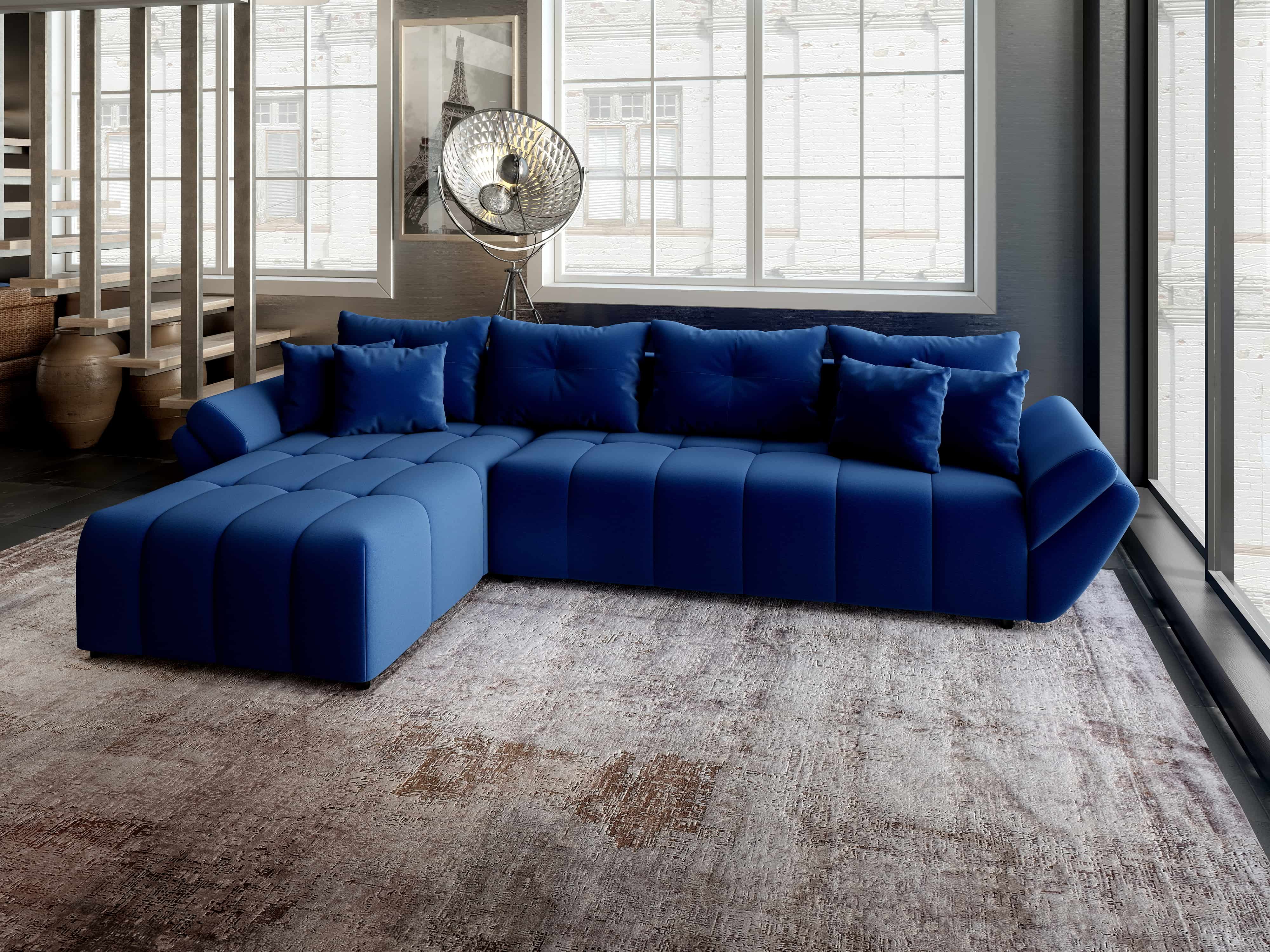 Colțar extensibil dumonde cu ladă de depozitare si sezut confortabil din spuma HR, Berlin XL Royal Albastru 350x185 cm Fabrica