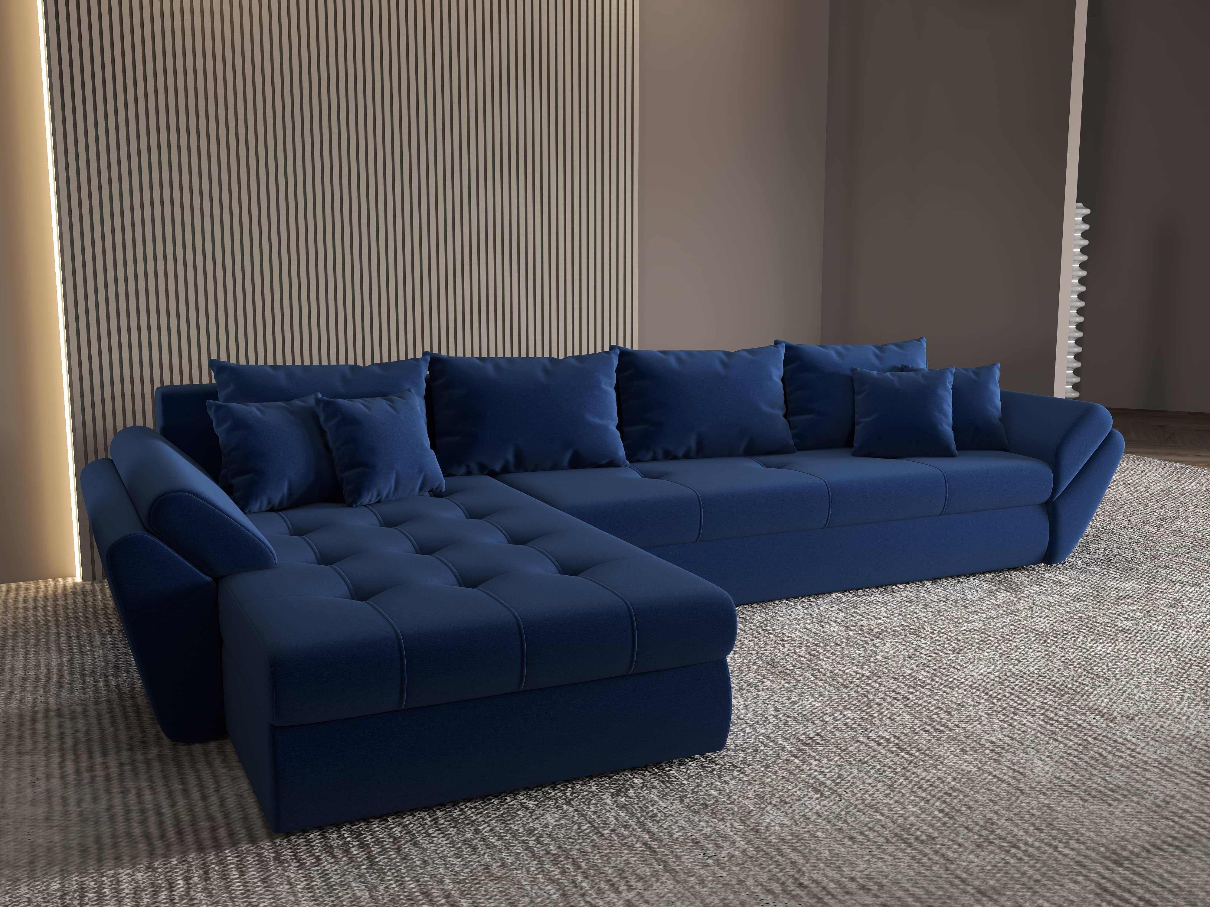 Colțar extensibil dumonde cu ladă de depozitare si sezut confortabil din spuma HR, Loana XL Royal Albastru 335x185 cm Fabrica