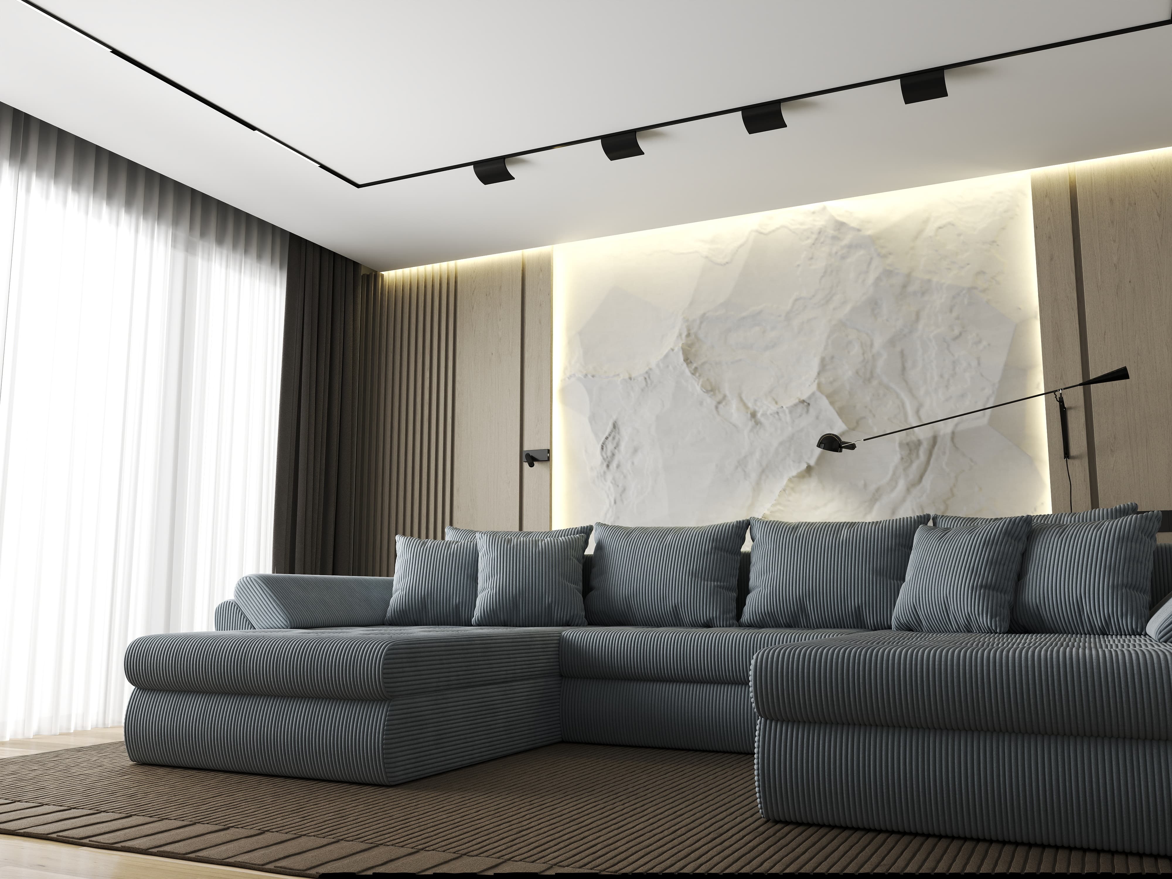 Colțar extensibil dumonde cu ladă de depozitare si sezut confortabil din spuma HR, Loana U Zoom Grey 355x185 cm Fabrica