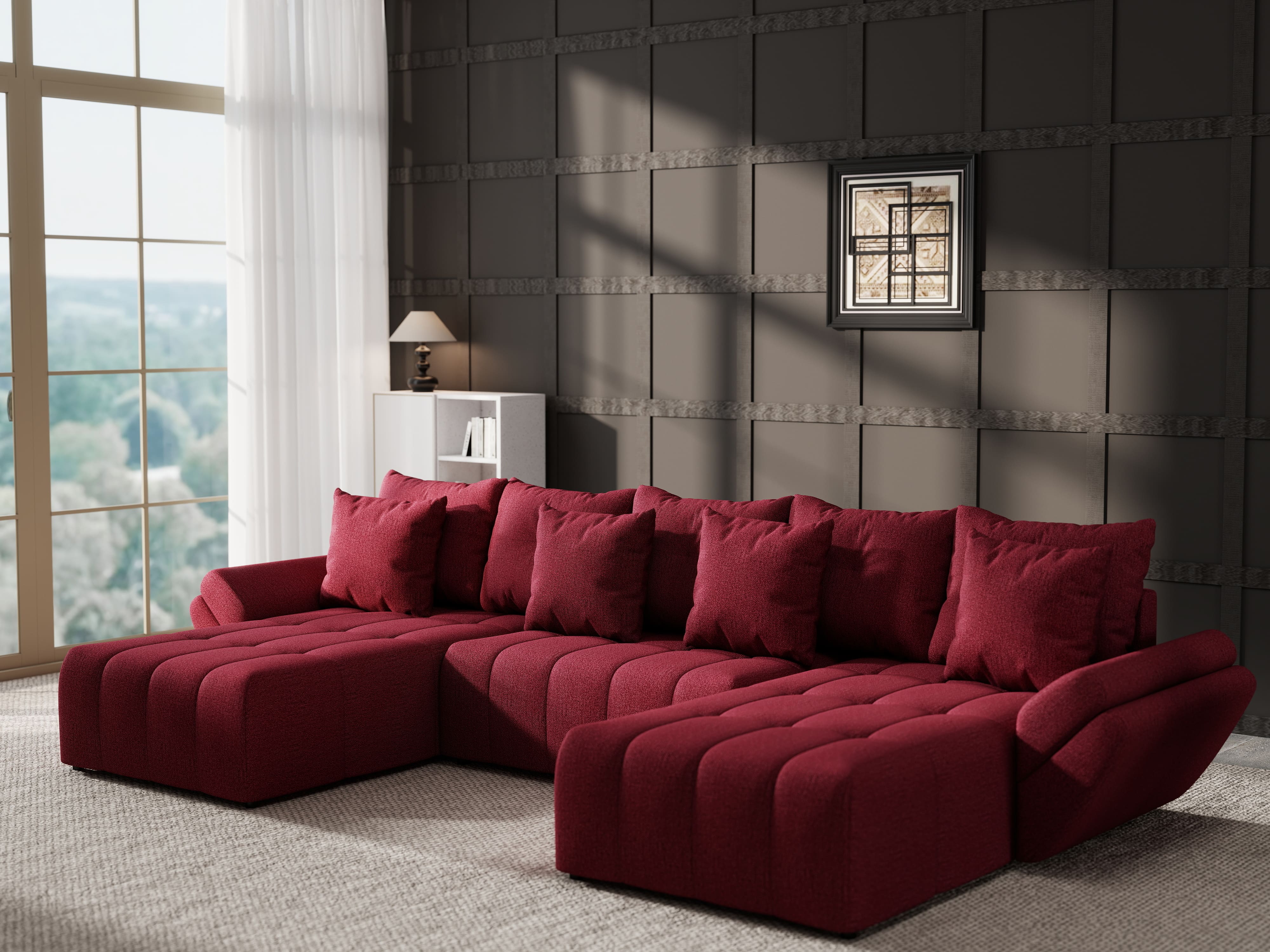 Colțar extensibil dumonde cu ladă de depozitare si sezut confortabil din spuma HR, Berlin U Enjoy Rosu 380x180 cm Fabrica