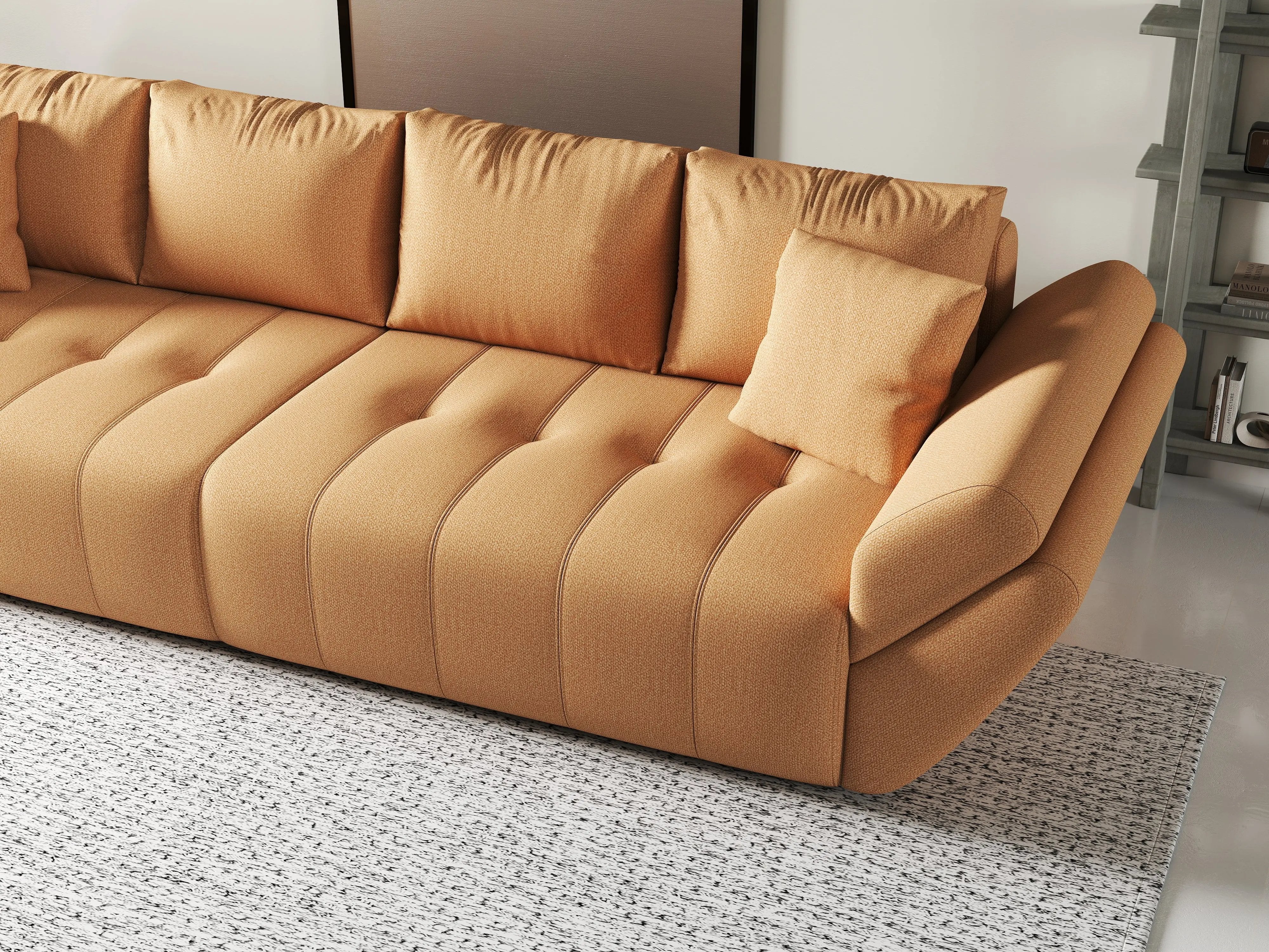 Canapea extensibilă dumonde cu ladă de depozitare si sezut confortabil din spuma HR, Berlin Enjoy Mango 300x100 cm Fabrica