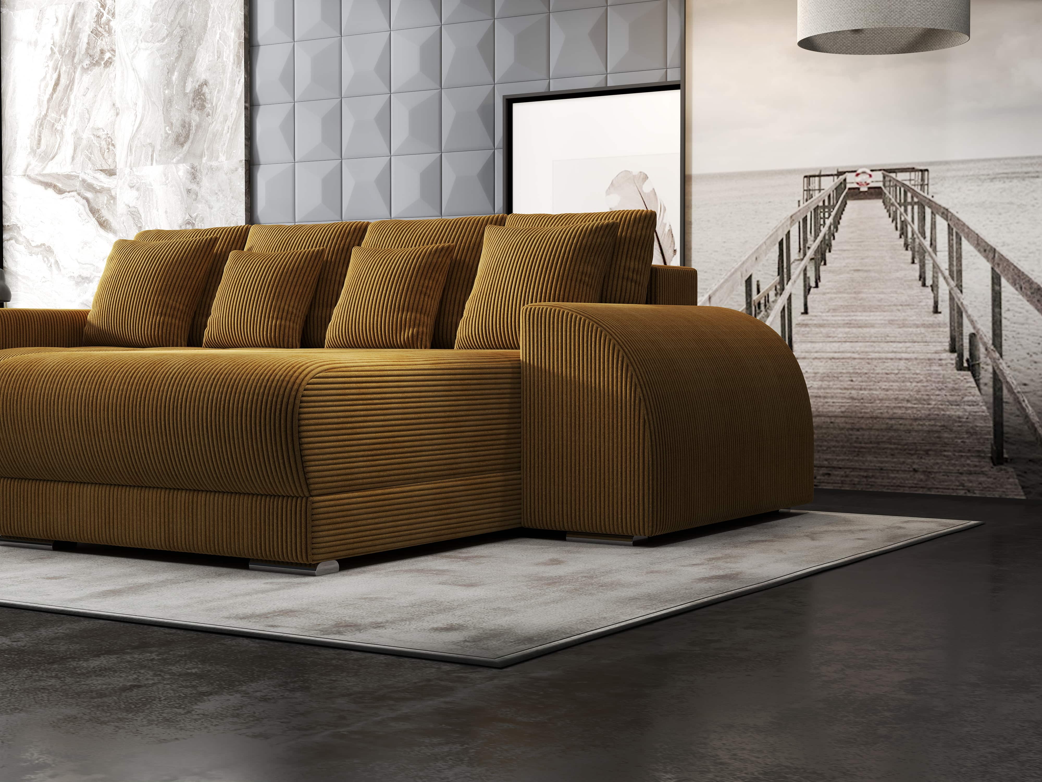 Colțar extensibil dumonde cu ladă de depozitare si sezut confortabil din spuma HR, Verona Zoom Mustar II 290x185 cm Fabrica