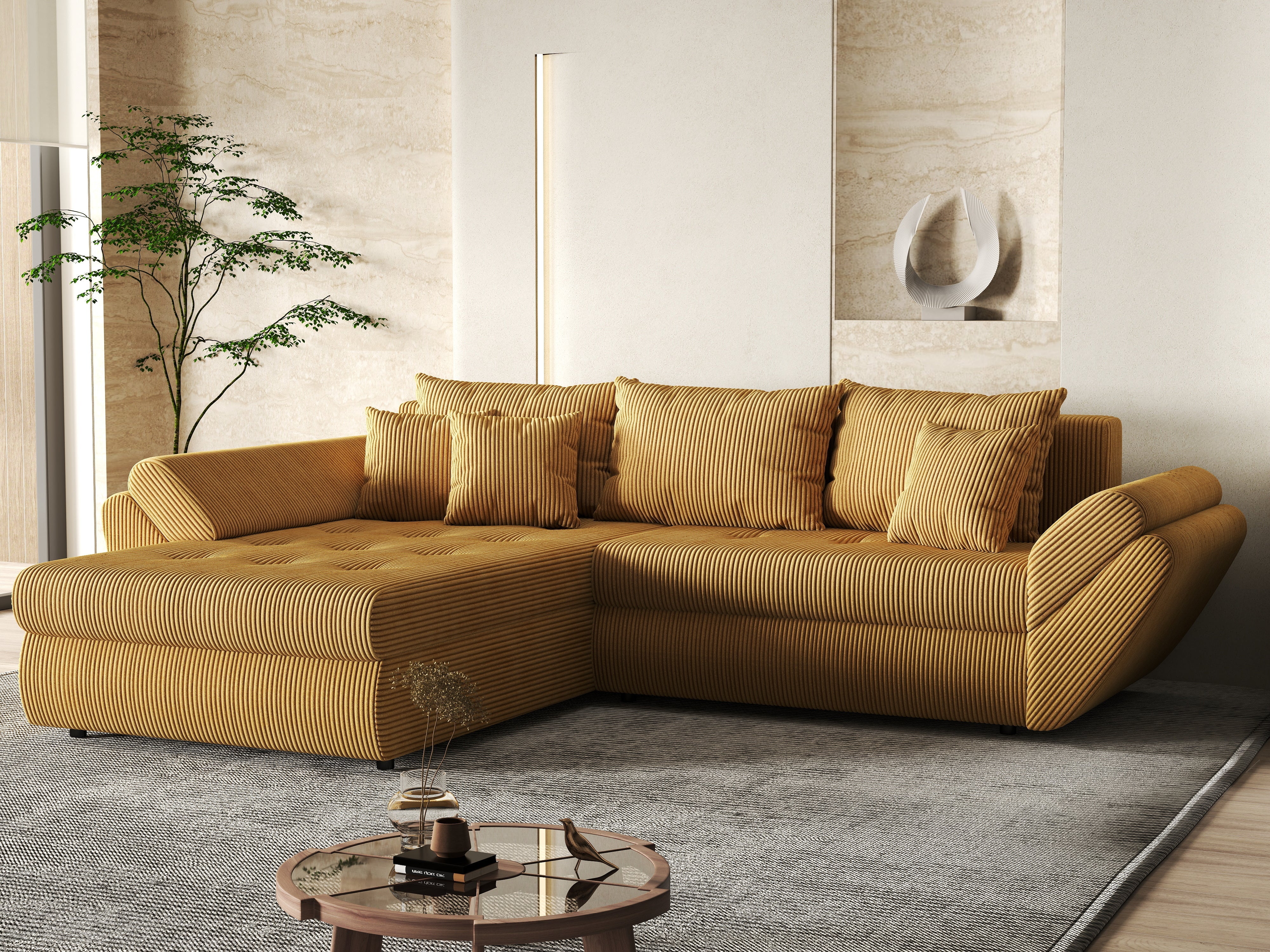 Colțar extensibil dumonde cu ladă de depozitare si sezut confortabil din spuma HR, Loana Zoom Mustar 270x185 cm Fabrica