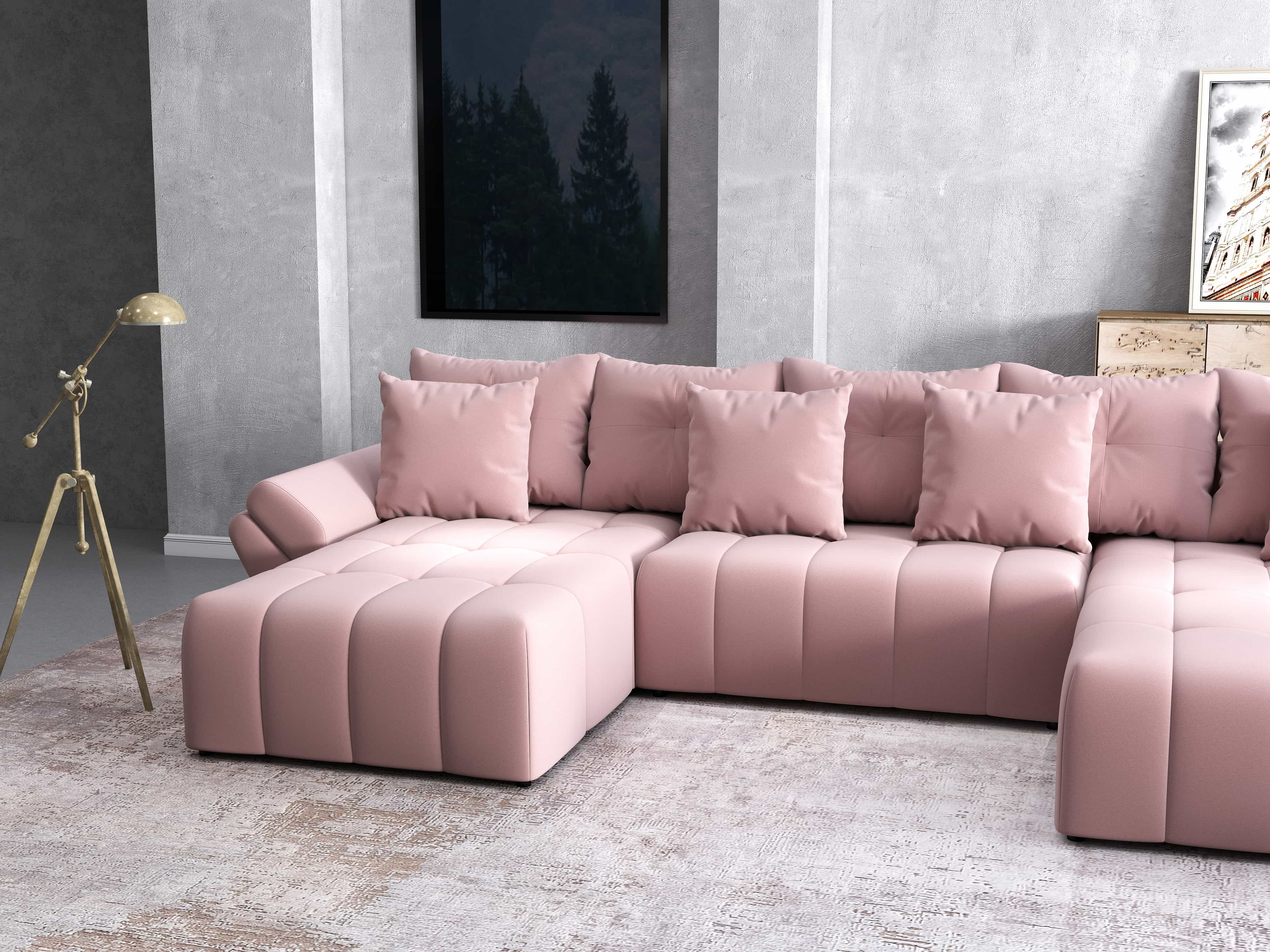 Colțar extensibil dumonde cu ladă de depozitare si sezut confortabil din spuma HR, Berlin U Royal Roz 380x180 cm Fabrica