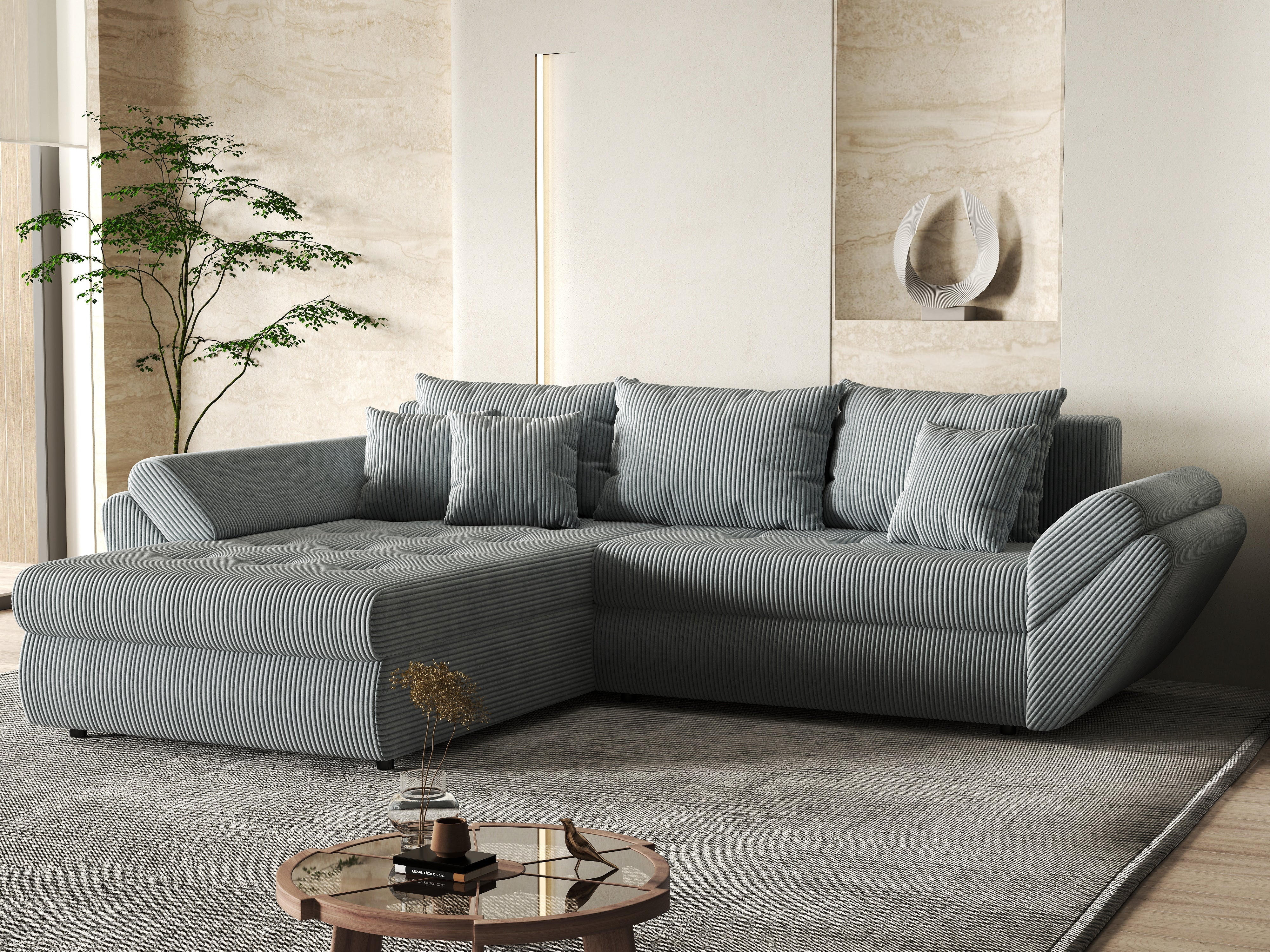 Colțar extensibil dumonde cu ladă de depozitare si sezut confortabil din spuma HR, Loana Zoom Grey 270x185 cm Fabrica