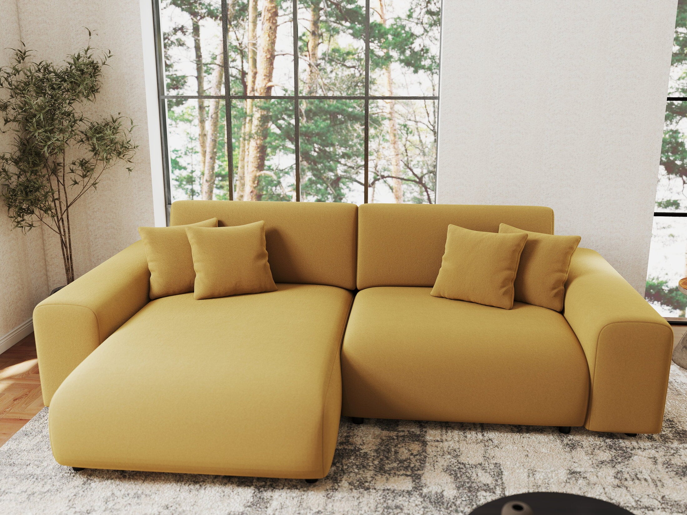 Colțar extensibil dumonde cu ladă de depozitare si sezut confortabil din spuma HR, Sarina Royal Mustar 255x168 cm