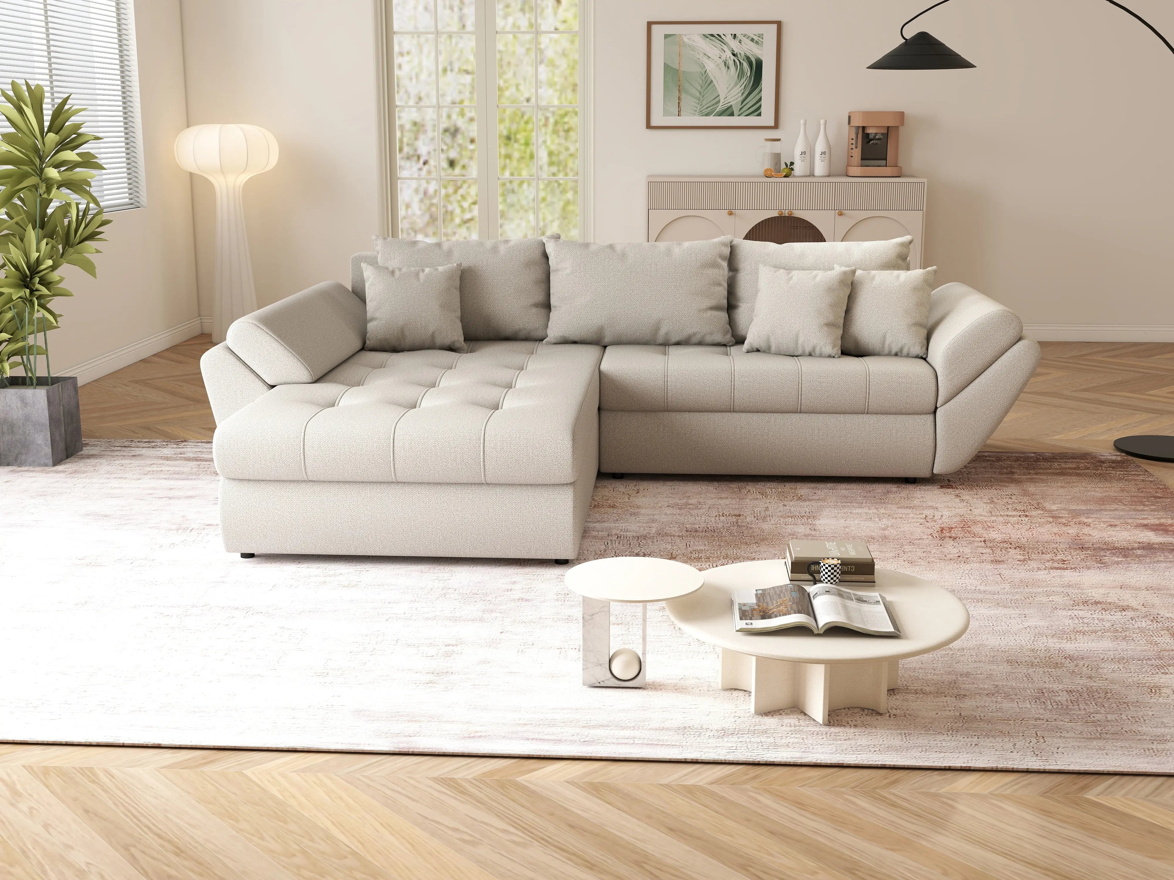 Colțar extensibil dumonde cu ladă de depozitare si sezut confortabil din spuma HR, Loana Bej 270x185 cm Fabrica