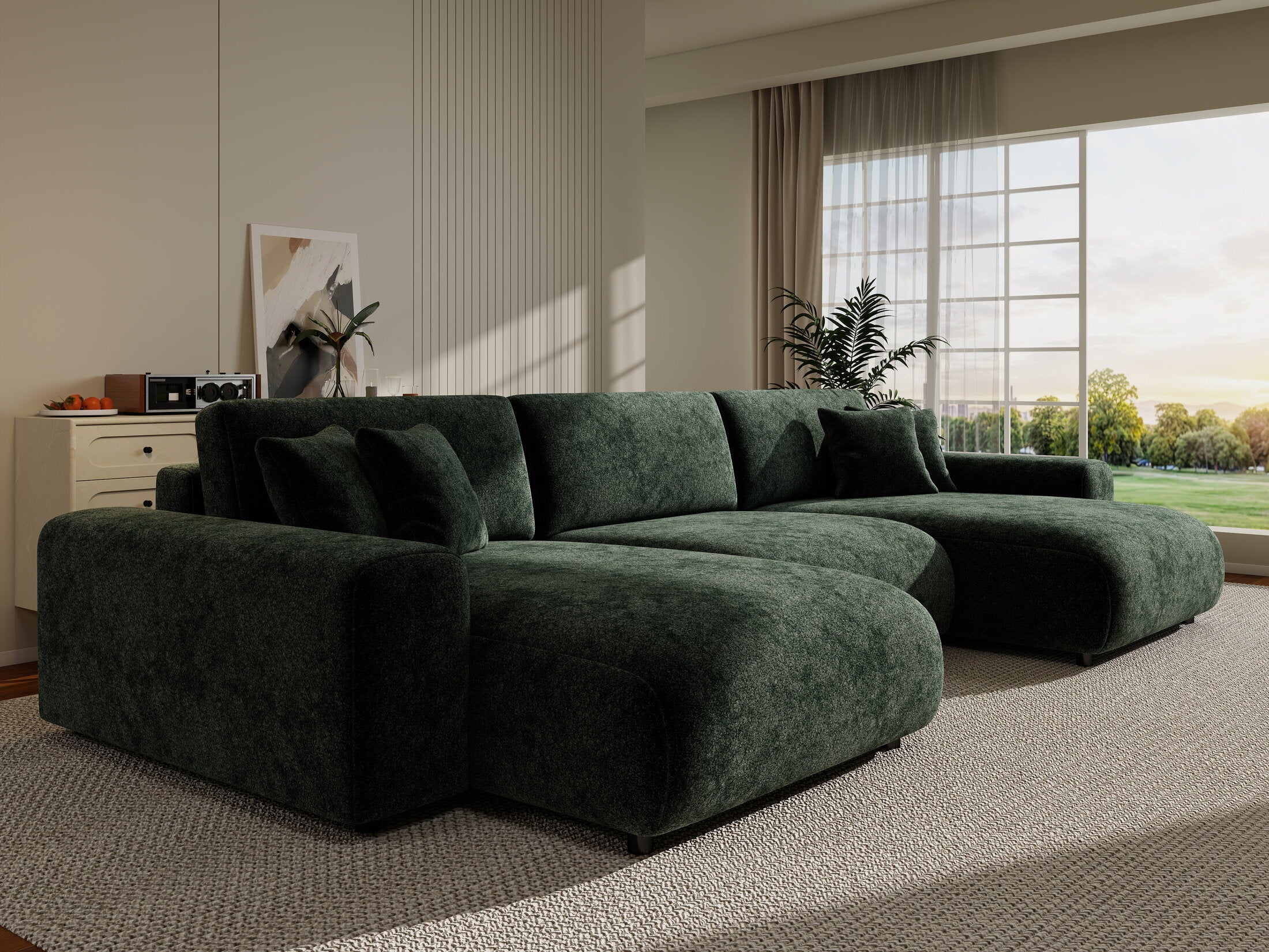 Colțar extensibil dumonde cu ladă de depozitare si sezut confortabil din spuma HR, Sarina U Euphoria Verde 350x168 cm