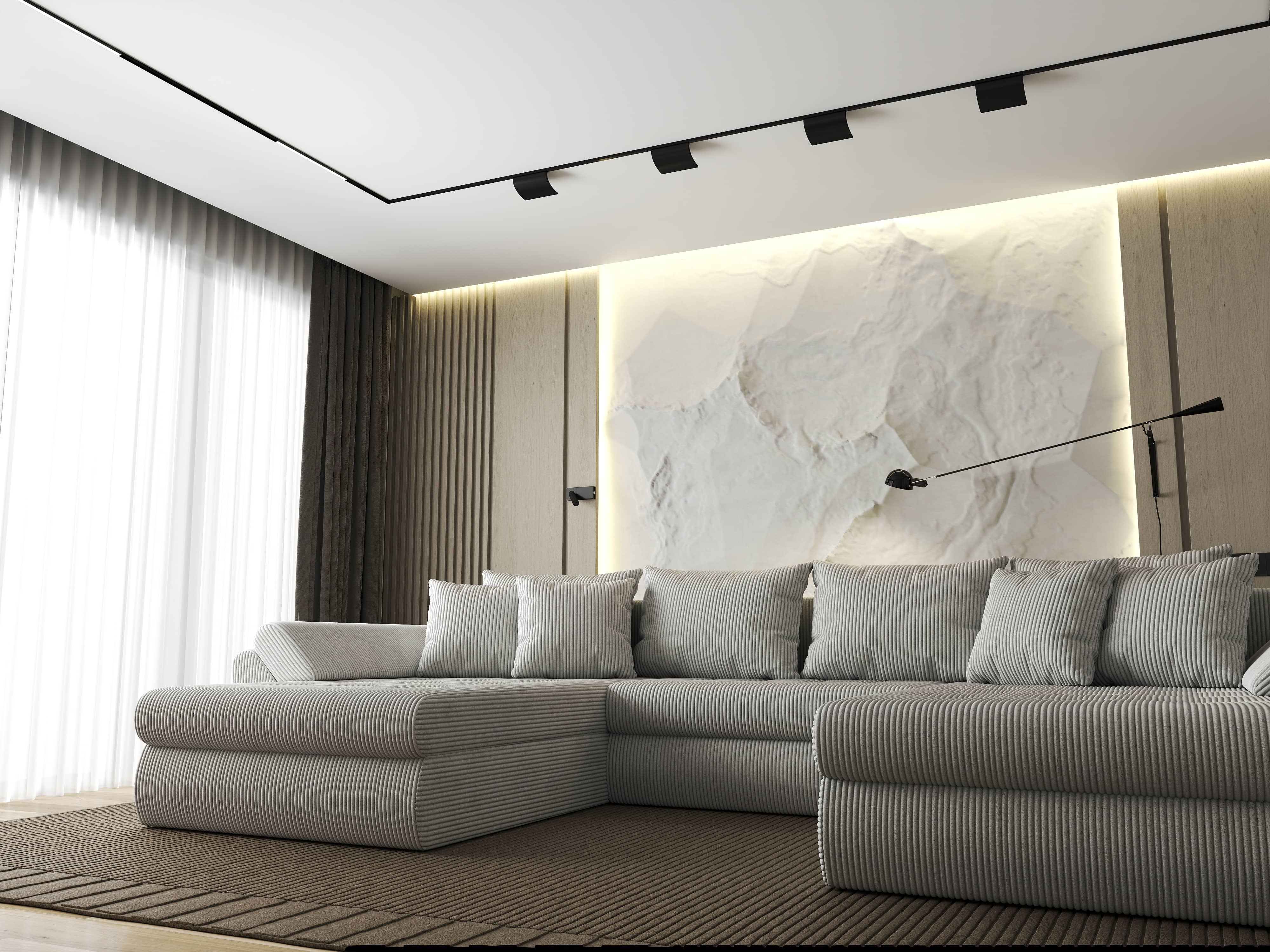 Colțar extensibil dumonde cu ladă de depozitare si sezut confortabil din spuma HR, Loana U Zoom Cream 355x185 cm Fabrica