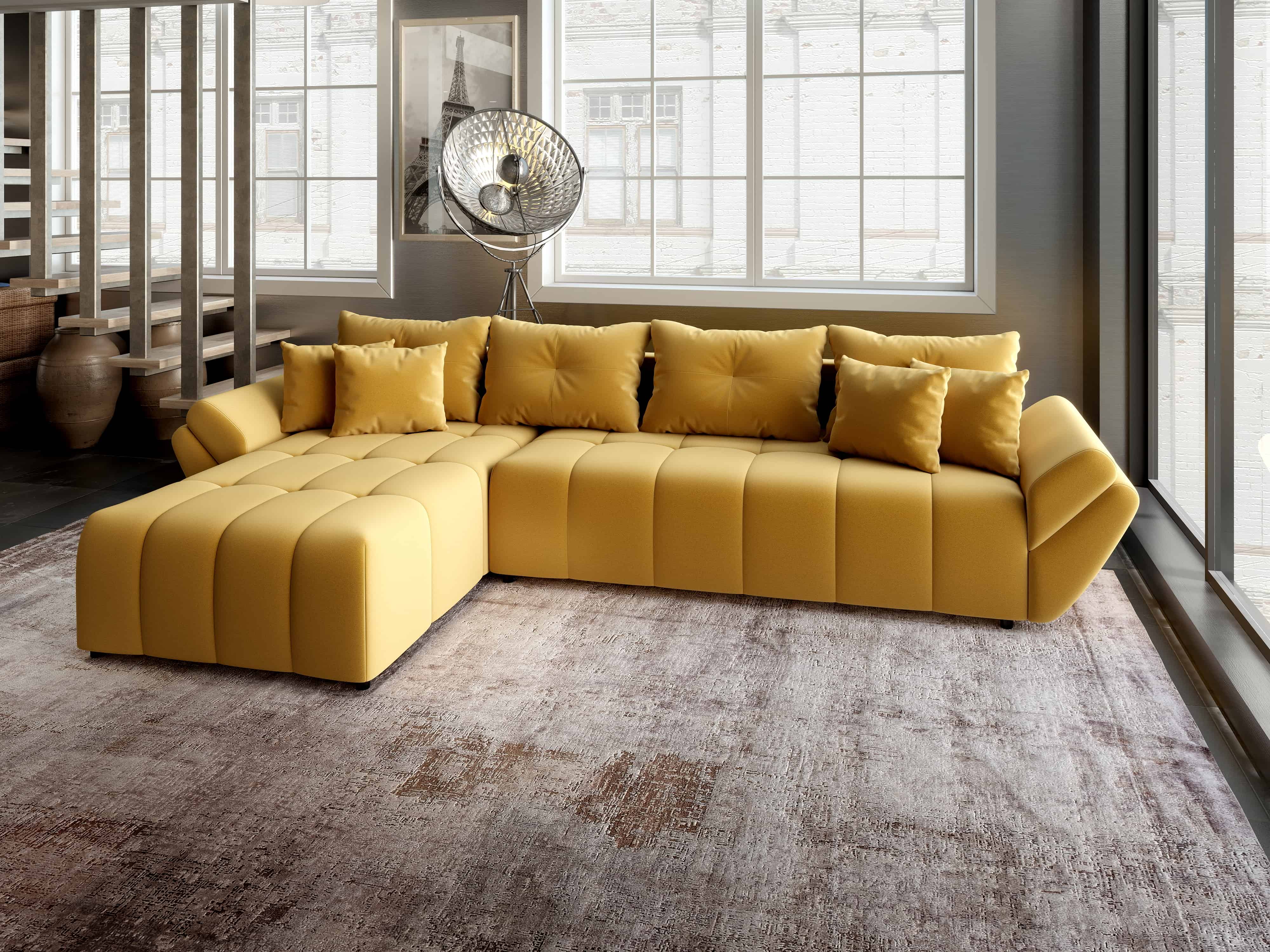 Colțar extensibil dumonde cu ladă de depozitare si sezut confortabil din spuma HR, Berlin XL Royal Mustar 350x185 cm Fabrica