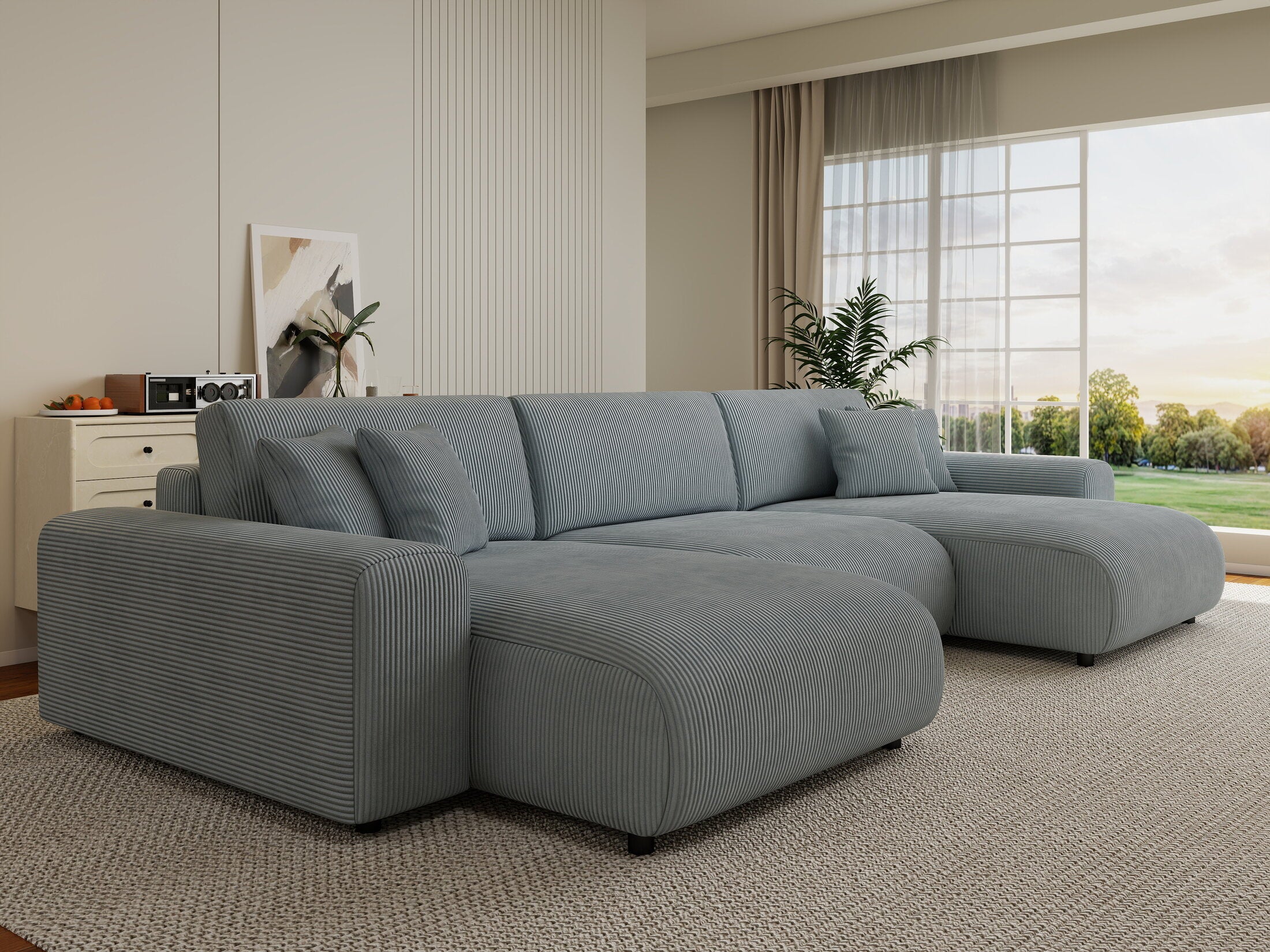 Colțar extensibil dumonde cu ladă de depozitare si sezut confortabil din spuma HR, Sarina U Zoom Gri Mint 350x168 cm