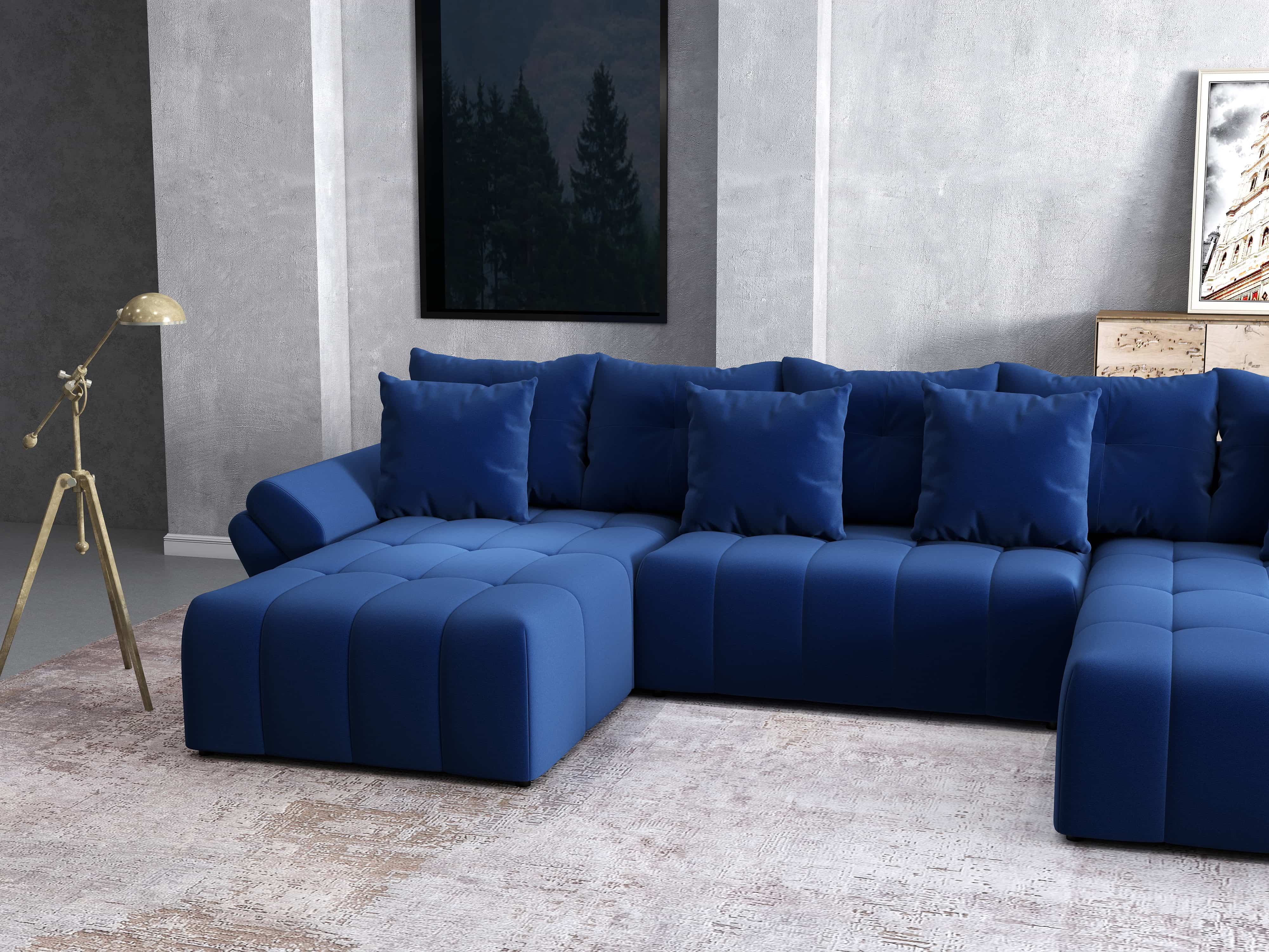 Colțar extensibil dumonde cu ladă de depozitare si sezut confortabil din spuma HR, Berlin U Royal Blue 380x180 cm Fabrica