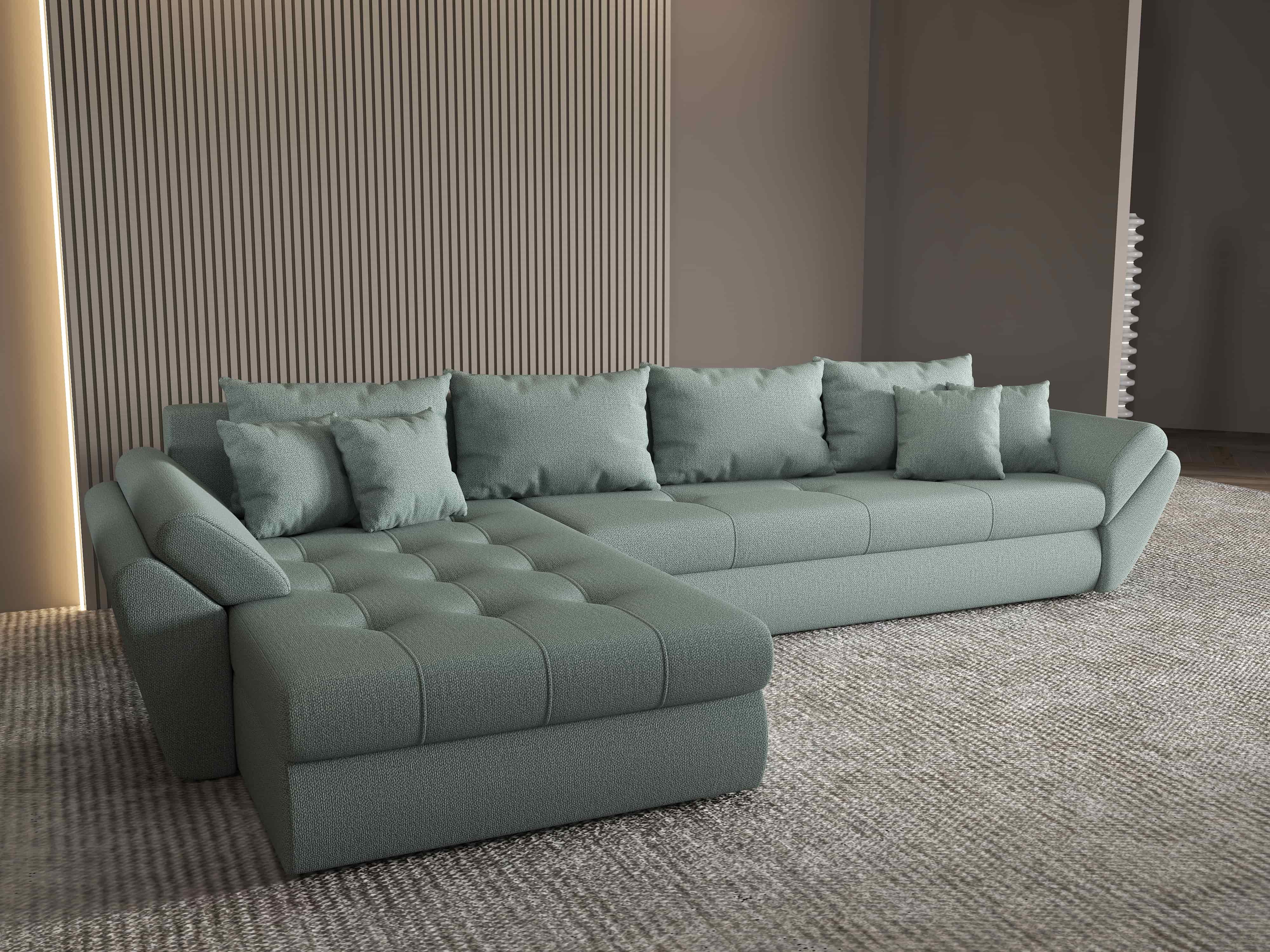 Colțar extensibil dumonde cu ladă de depozitare si sezut confortabil din spuma HR, Loana XL Enjoy Mint 335x185 cm Fabrica