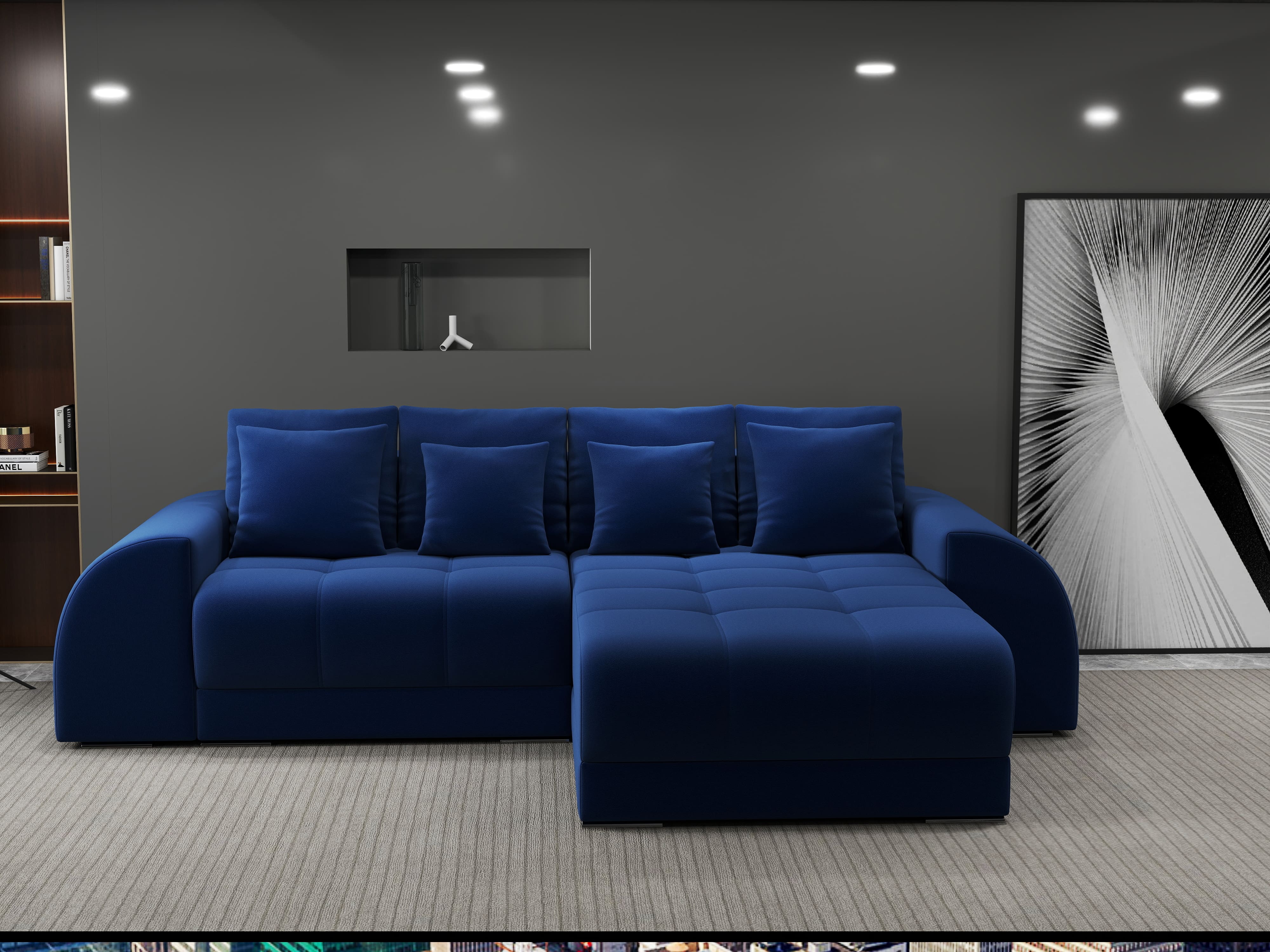 Colțar extensibil dumonde cu ladă de depozitare si sezut confortabil din spuma HR, Verona Royal Albastru II 290x185 cm Fabrica