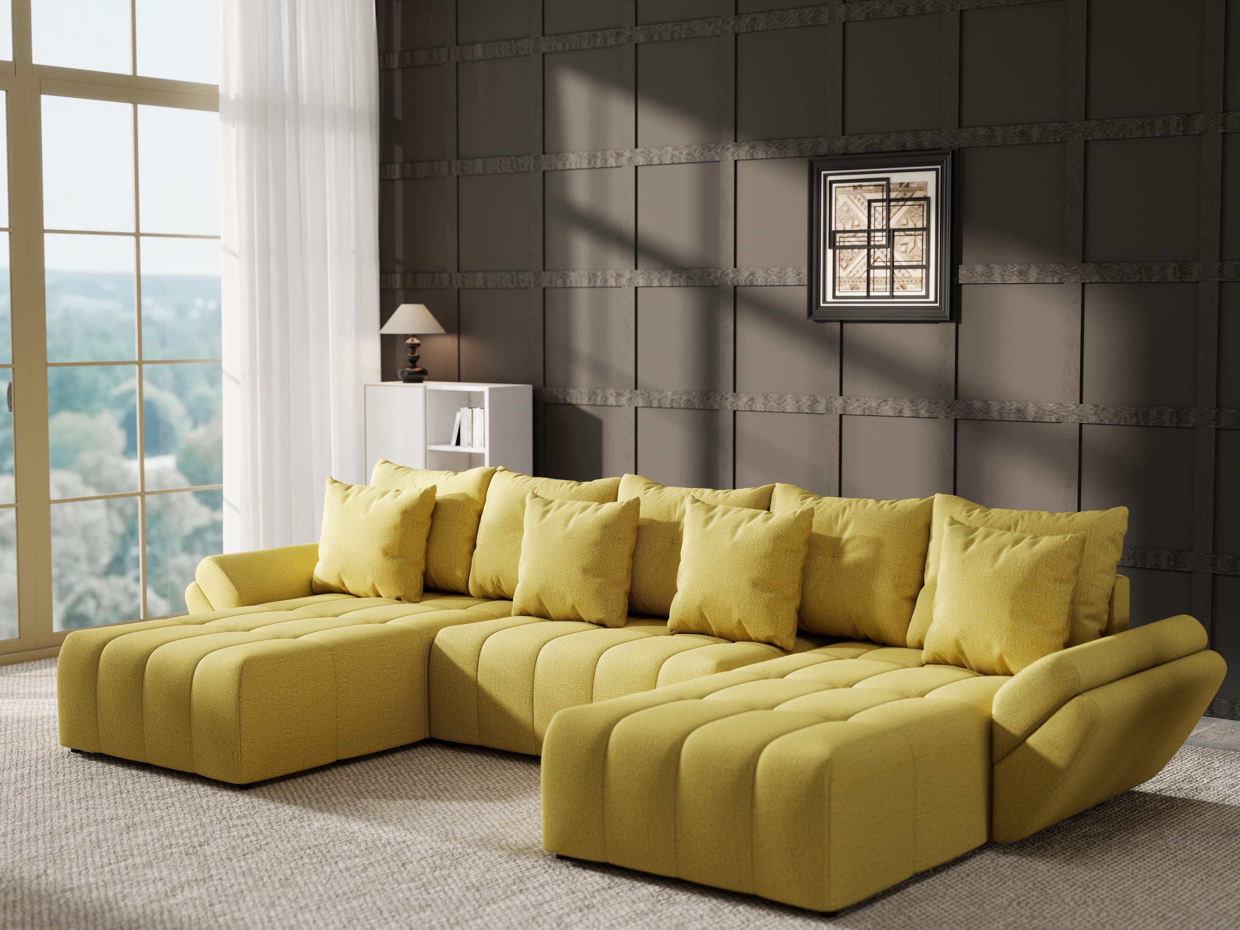 Colțar extensibil dumonde cu ladă de depozitare si sezut confortabil din spuma HR, Berlin U Enjoy Melon 380x180 cm Fabrica