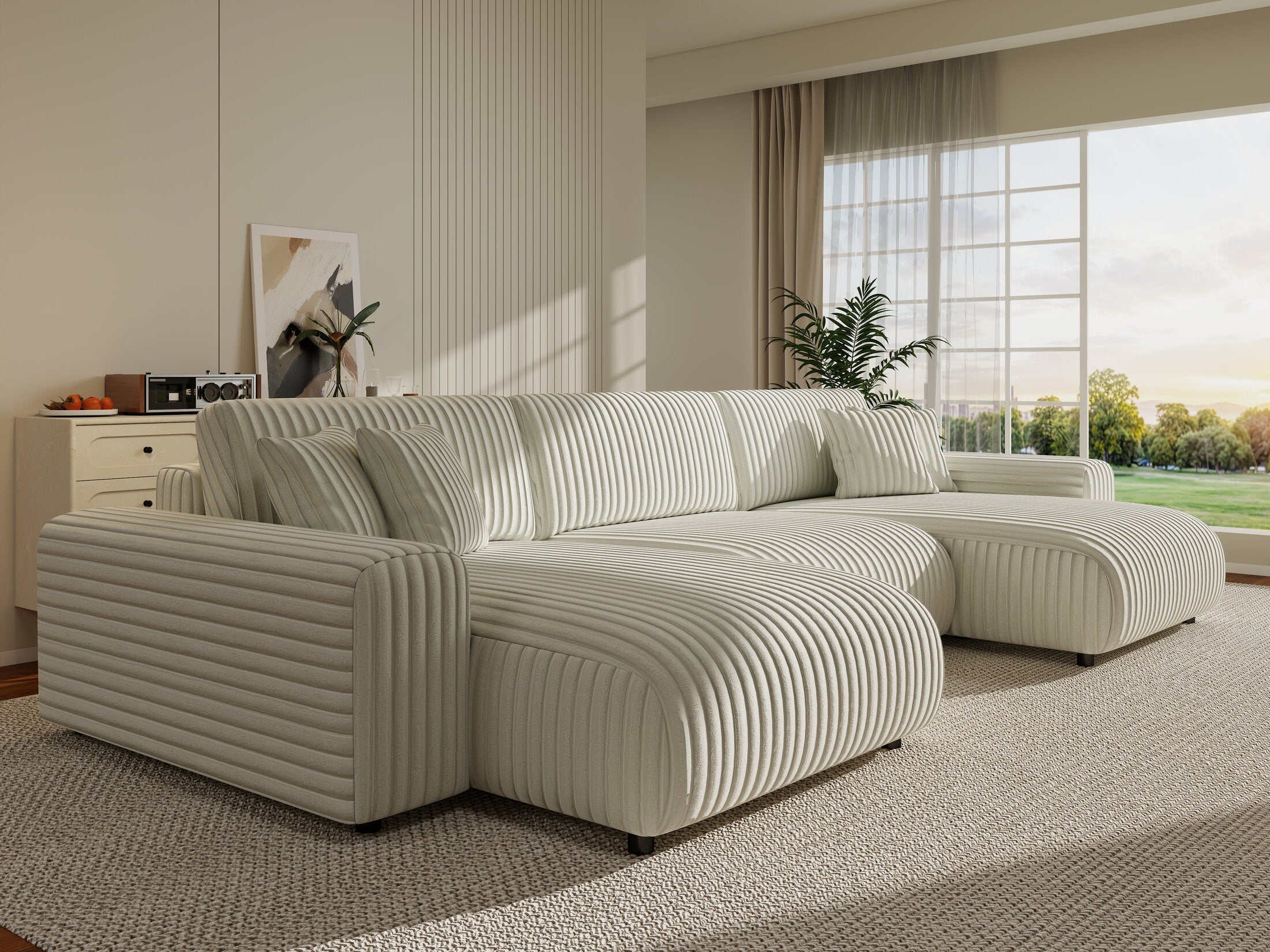 Colțar extensibil dumonde cu ladă de depozitare si sezut confortabil din spuma HR, Sarina U Ambience Alb 350x168 cm