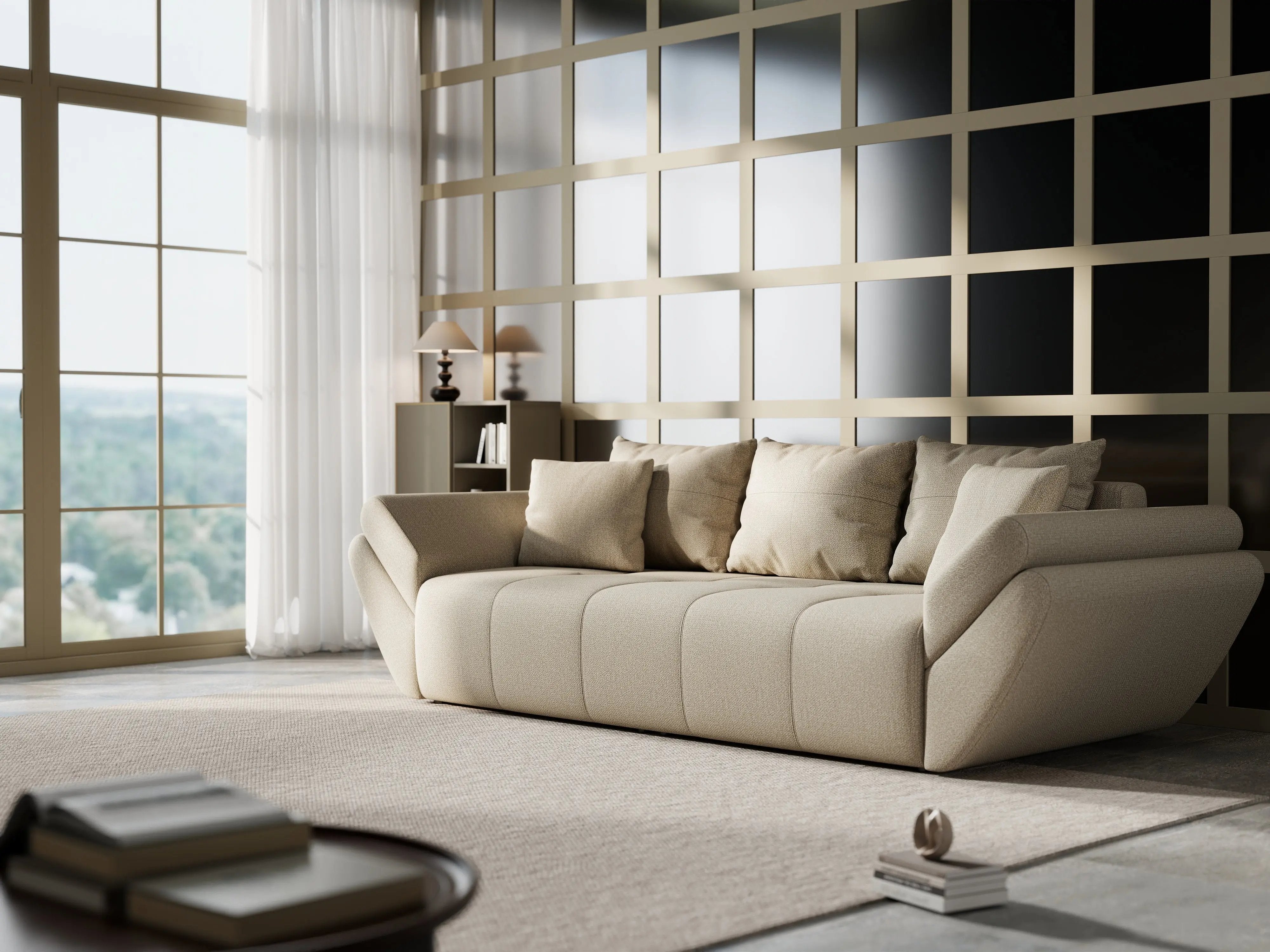 Canapea extensibilă dumonde cu ladă de depozitare si sezut confortabil din spuma HR, Berlin Enjoy Camel 250x100 cm Fabrica