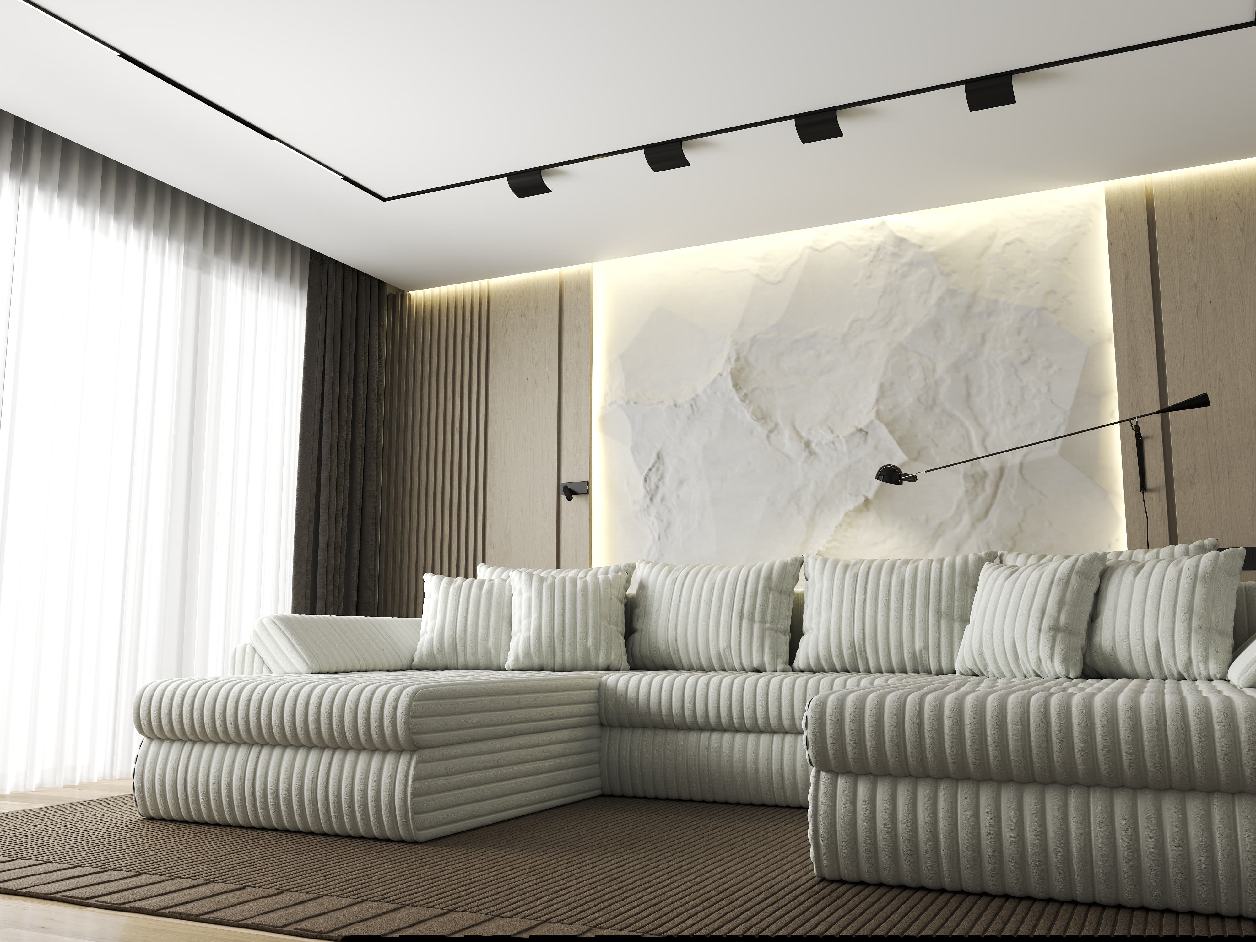 Colțar extensibil dumonde cu ladă de depozitare si sezut confortabil din spuma HR, Loana U Ambience Ivory 355x185 cm Fabrica