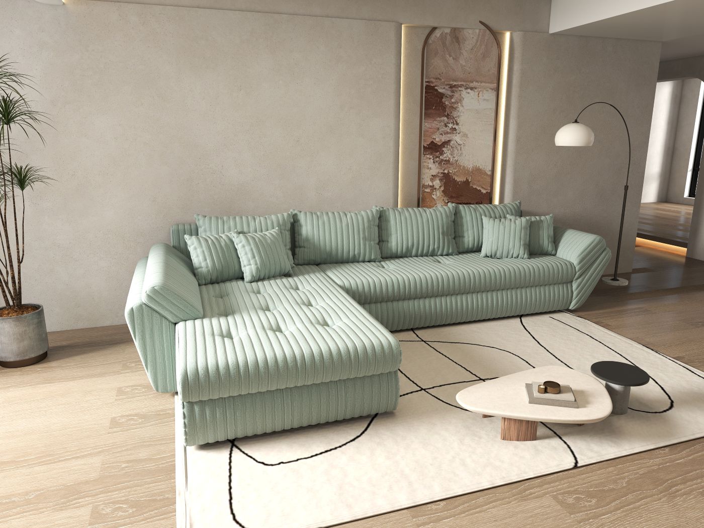 Colțar extensibil dumonde cu ladă de depozitare si sezut confortabil din spuma HR, Loana XL Ambience Mint 335x185 cm Fabrica