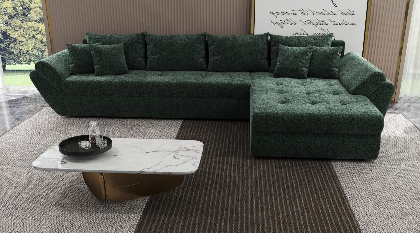 Colțar extensibil dumonde cu ladă de depozitare si sezut confortabil din spuma HR, Loana XL Euphoria Verde II 335x185 cm Fabrica