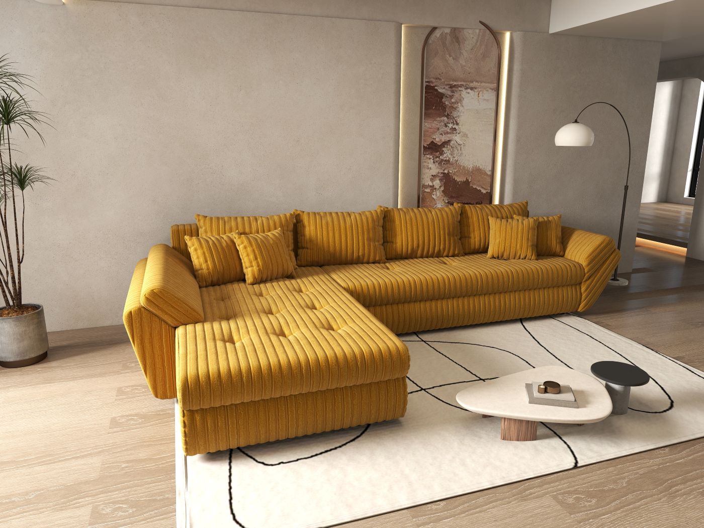 Colțar extensibil dumonde cu ladă de depozitare si sezut confortabil din spuma HR, Loana XL Ambience Mustar 335x185 cm Fabrica