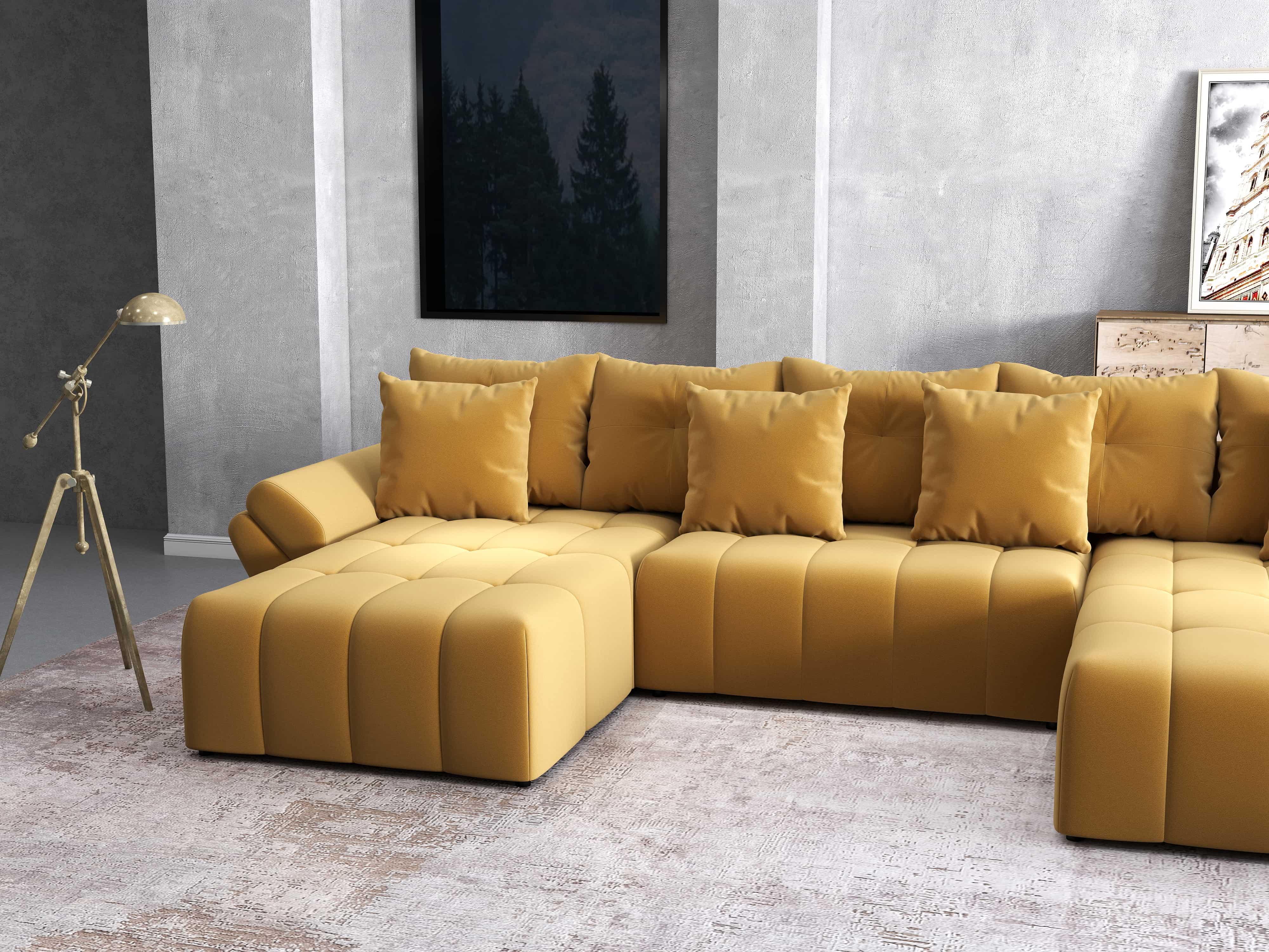 Colțar extensibil dumonde cu ladă de depozitare si sezut confortabil din spuma HR, Berlin U Royal Mustar 380x180 cm Fabrica