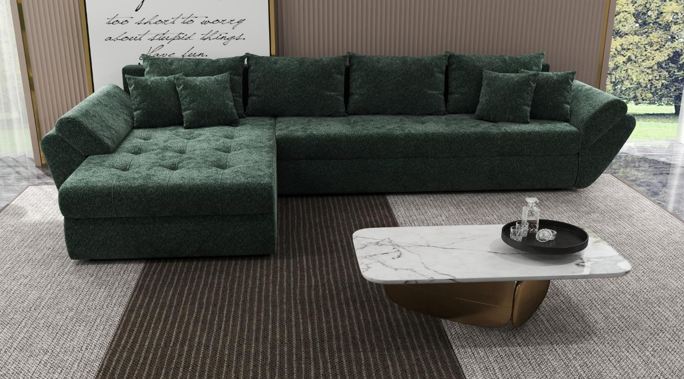 Colțar extensibil dumonde cu ladă de depozitare si sezut confortabil din spuma HR, Loana XL Euphoria Verde 335x185 cm Fabrica