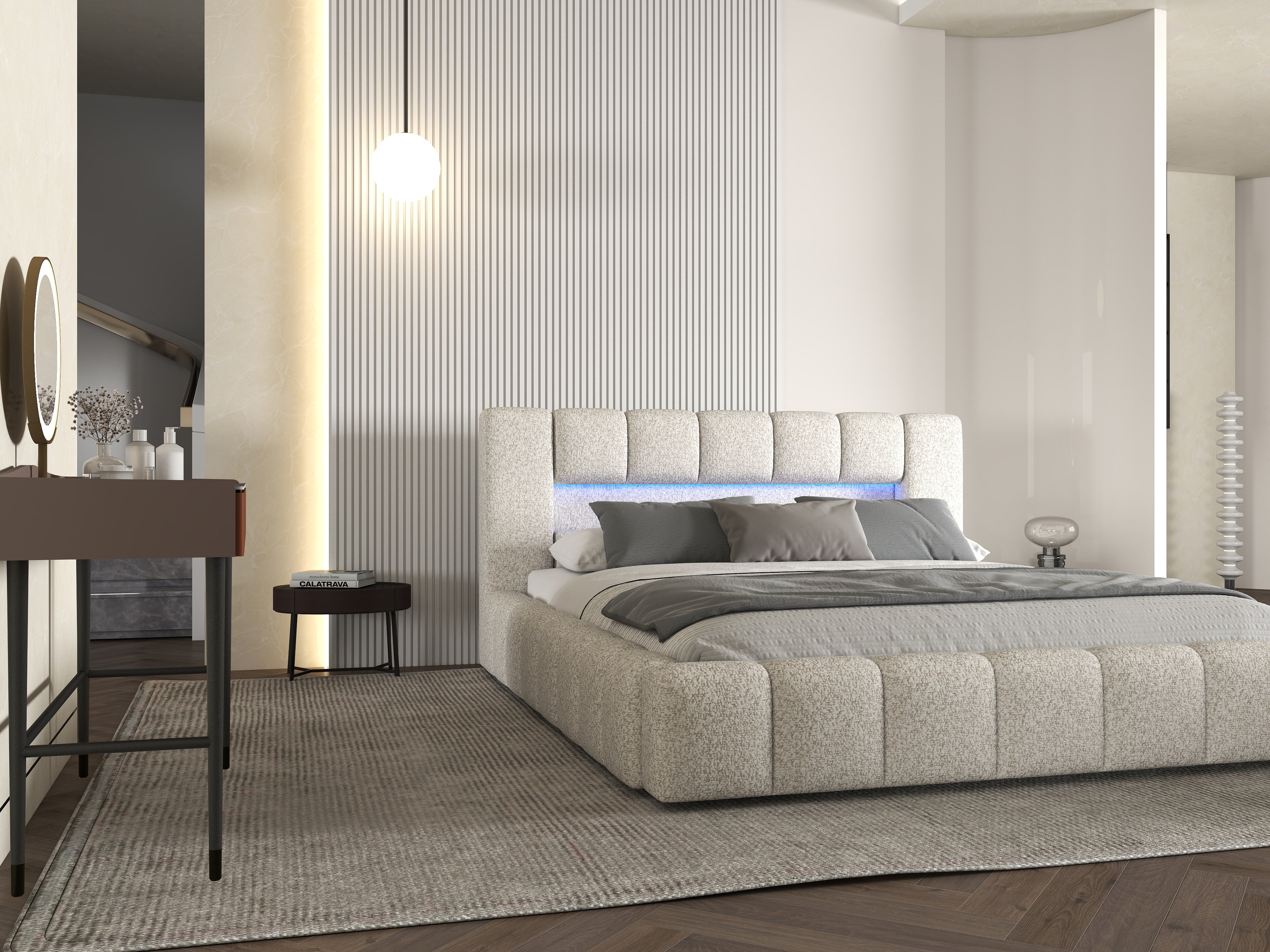 Pat dormitor dumonde, tapitat gri cu LED si USB, Palermo 160x200 cm, somiera rabatabila inclusa, spatiu depozitare