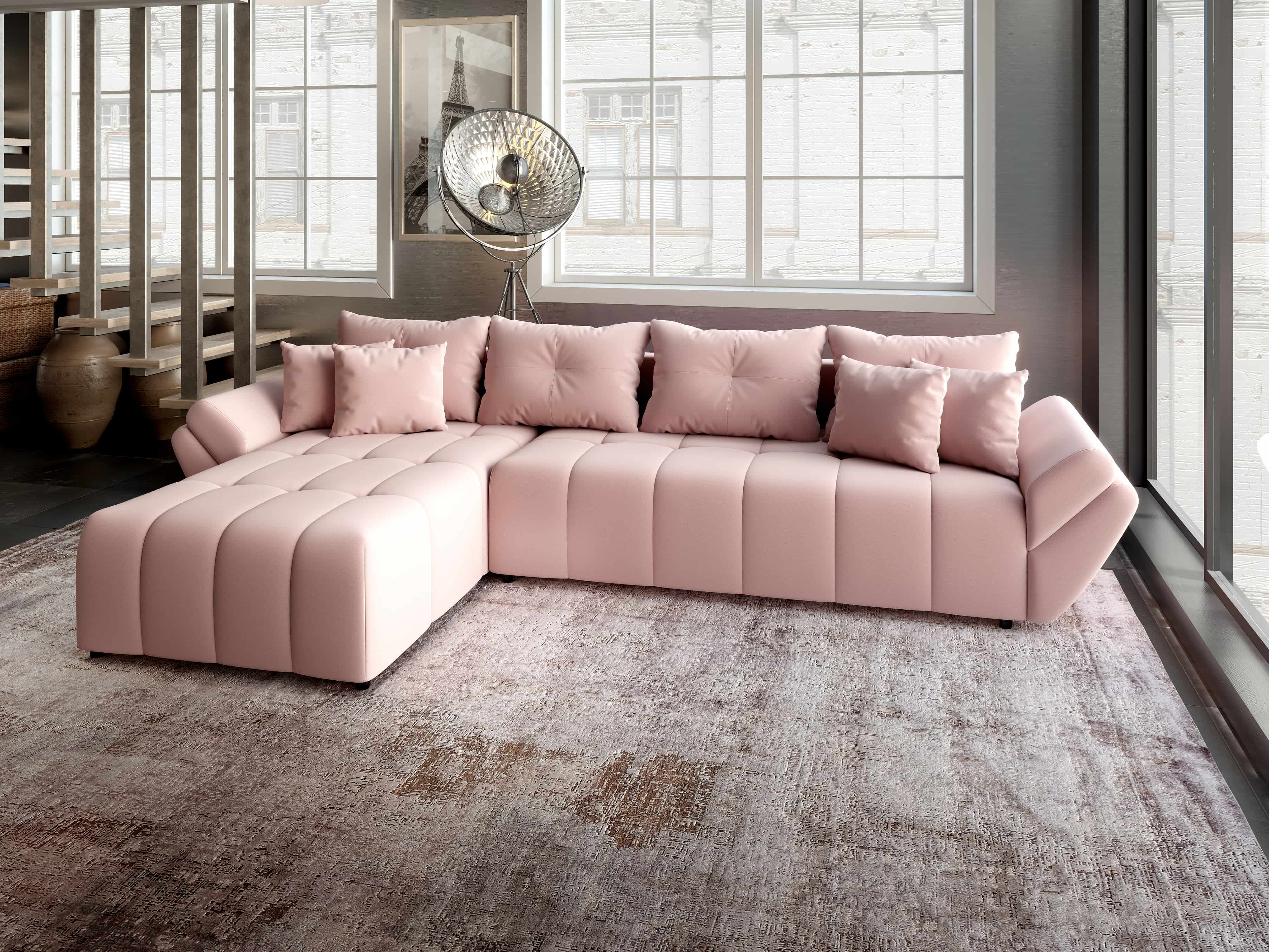 Colțar extensibil dumonde cu ladă de depozitare si sezut confortabil din spuma HR, Berlin XL Royal Roz 350x185 cm Fabrica