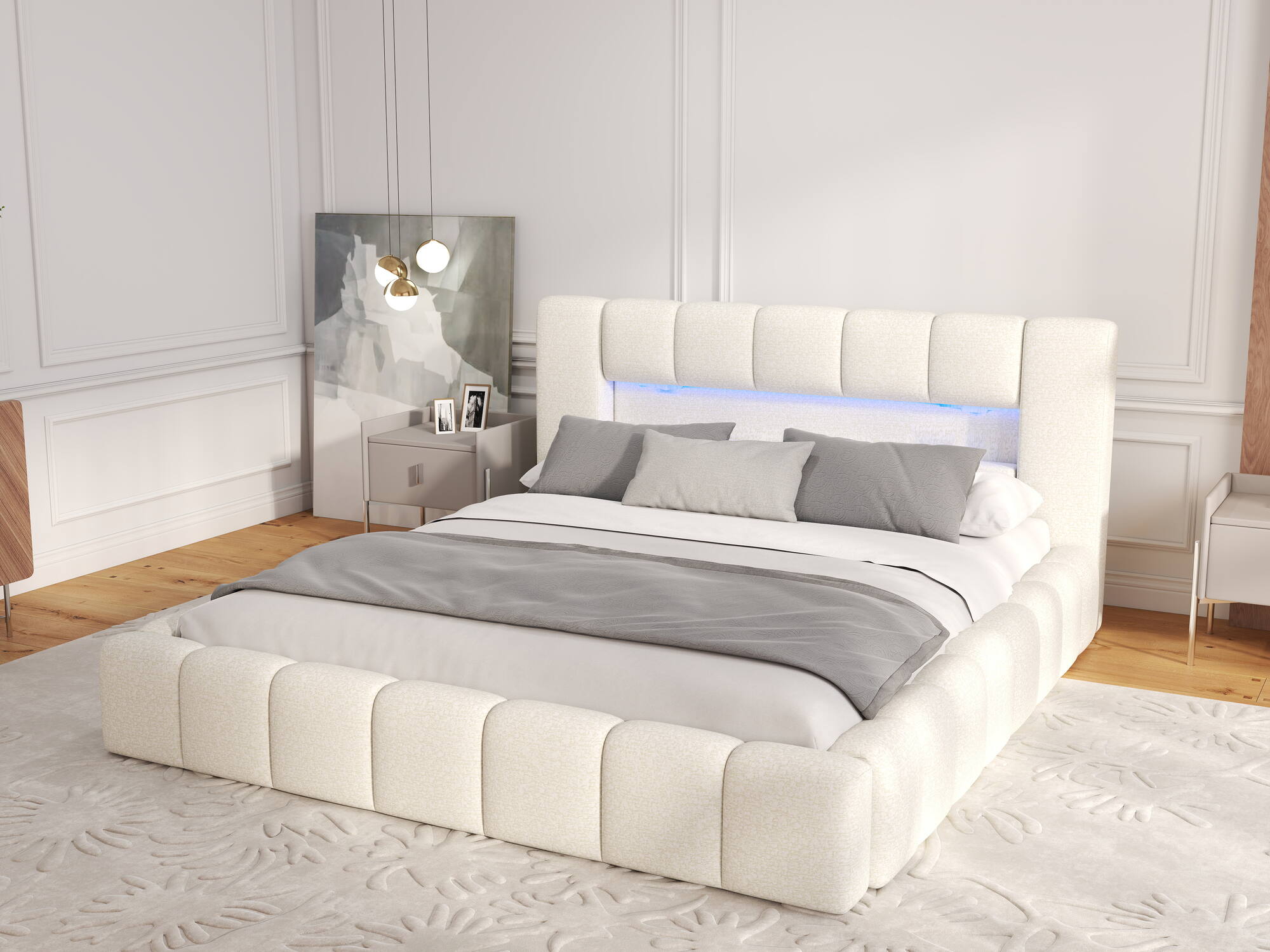 Pat dormitor dumonde, tapitat bej, Palermo 180x200 cm, somiera rabatabila inclusa, spatiu depozitare