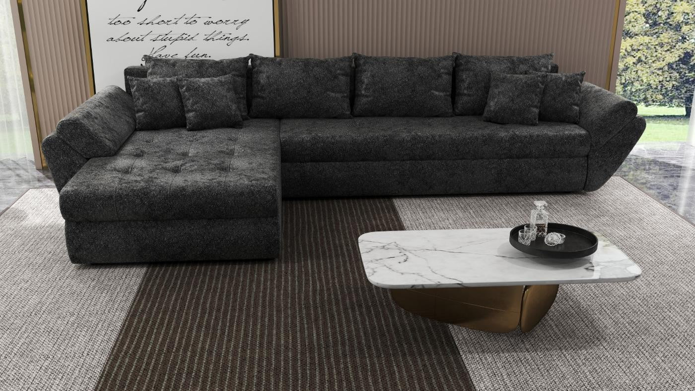 Colțar extensibil dumonde cu ladă de depozitare si sezut confortabil din spuma HR, Loana XL Euphoria Negru 335x185 cm Fabrica