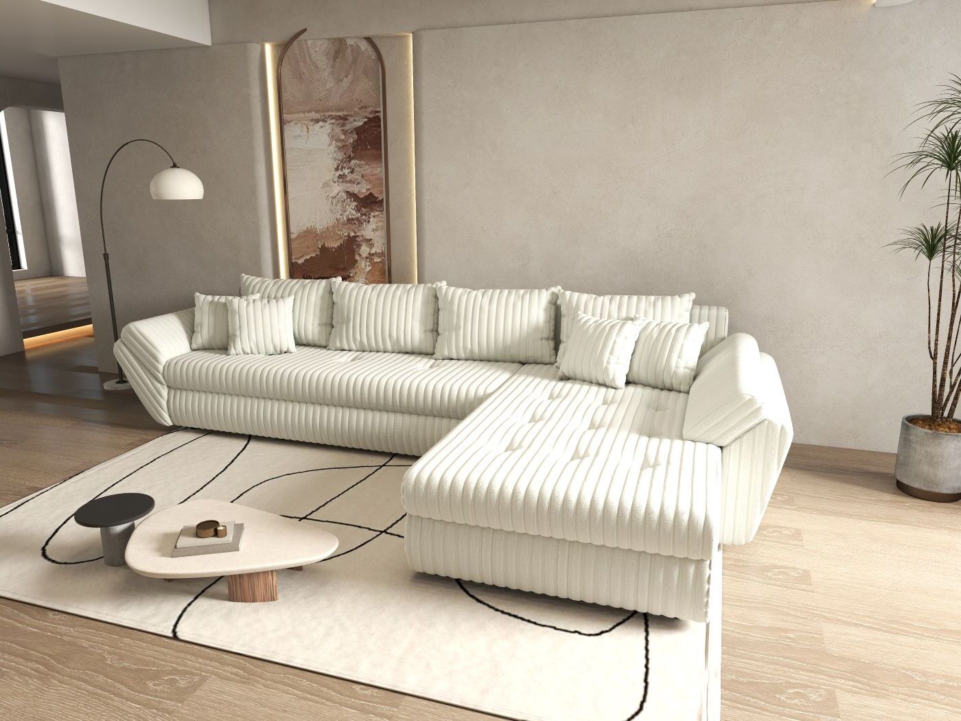 Colțar extensibil dumonde cu ladă de depozitare si sezut confortabil din spuma HR, Loana XL Ambience Ivory II 335x185 cm Fabrica