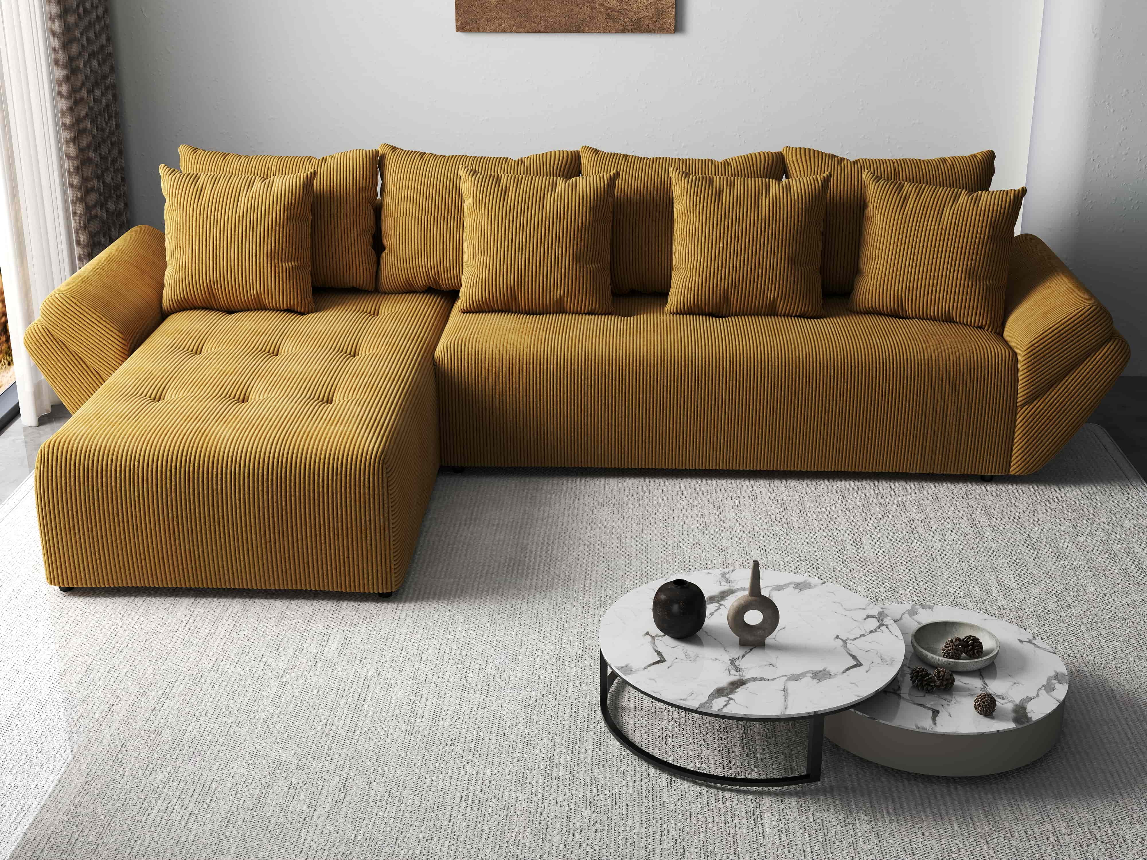 Colțar extensibil dumonde cu ladă de depozitare si sezut confortabil din spuma HR, Berlin XL Zoom Mustar 350x185 cm Fabrica