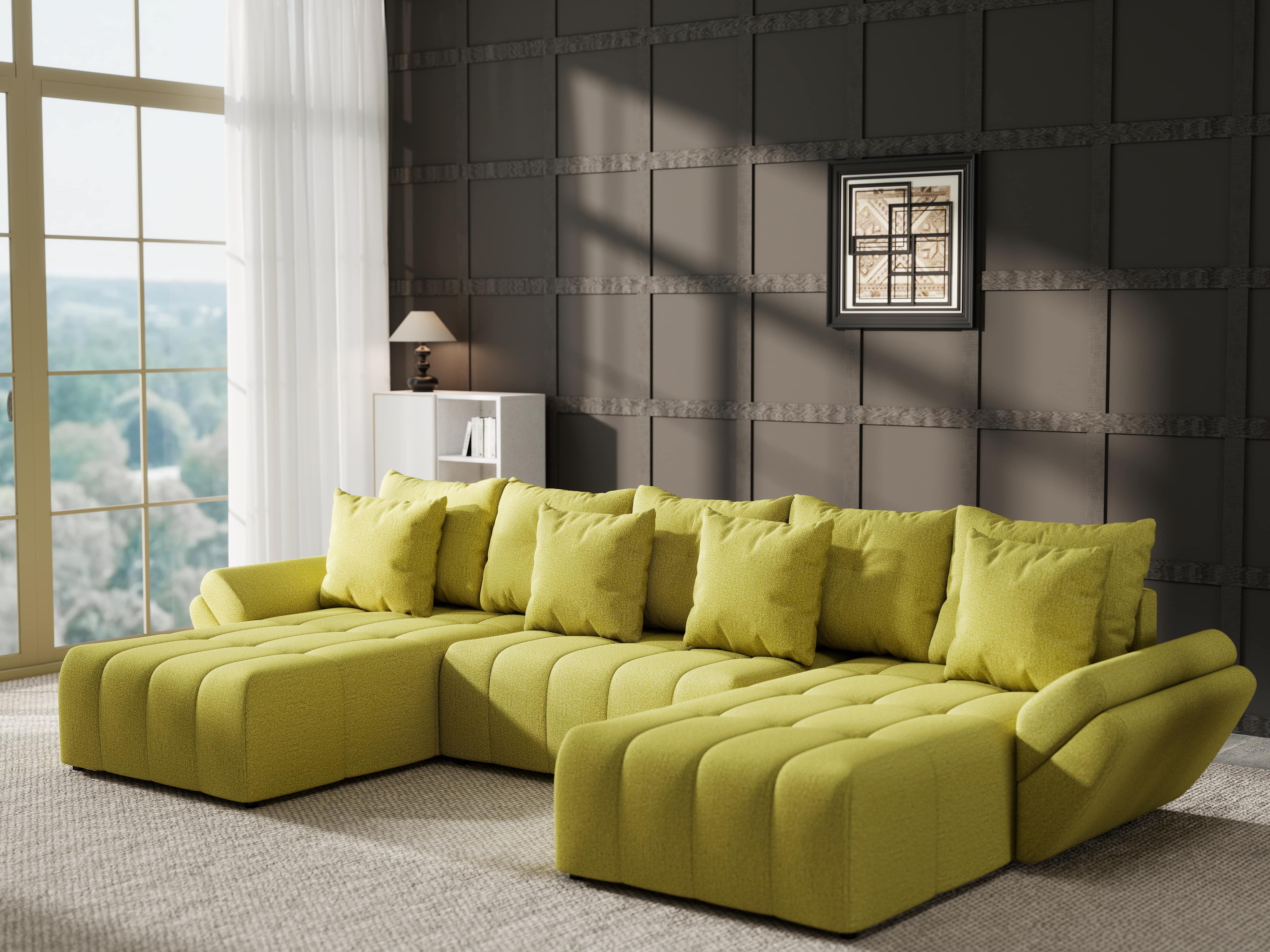 Colțar extensibil dumonde cu ladă de depozitare si sezut confortabil din spuma HR, Berlin U Enjoy Verde 380x180 cm Fabrica