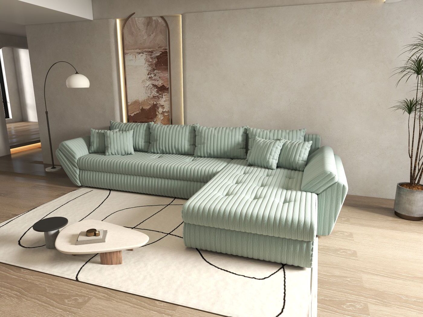 Colțar extensibil dumonde cu ladă de depozitare si sezut confortabil din spuma HR, Loana XL Ambience Mint II 335x185 cm Fabrica