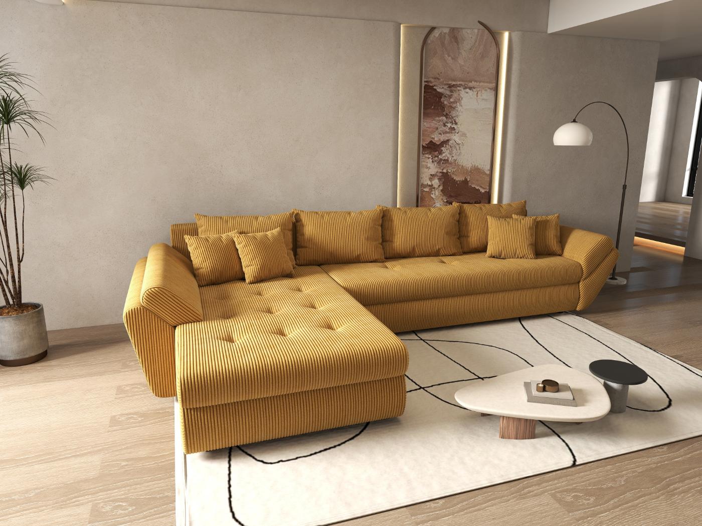 Colțar extensibil dumonde cu ladă de depozitare si sezut confortabil din spuma HR, Loana XL Zoom Mustar 335x185 cm Fabrica