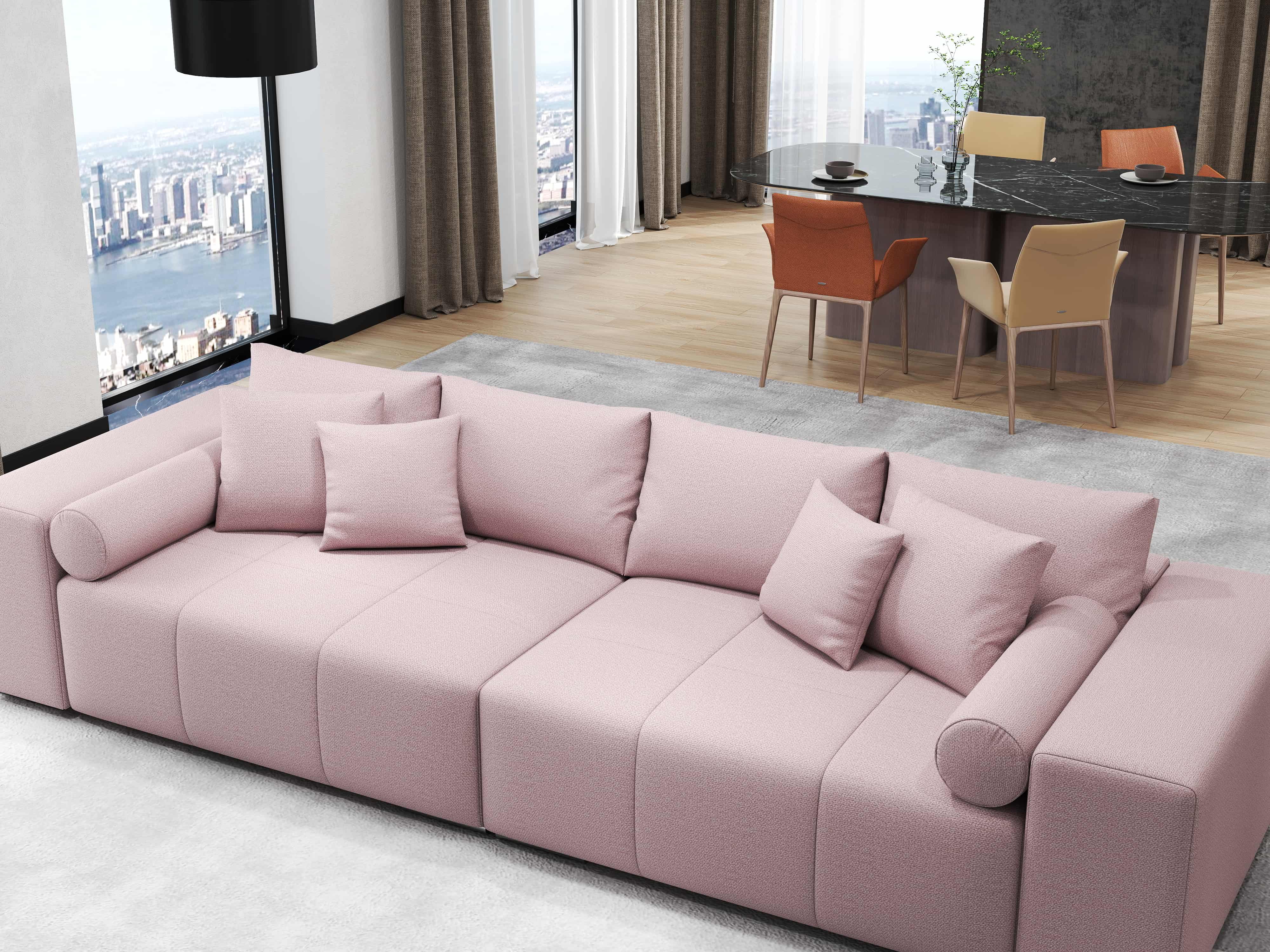 Canapea extensibilă dumonde cu ladă de depozitare si sezut confortabil din spuma HR, Marbela Pink XXL 295x100 cm Fabrica