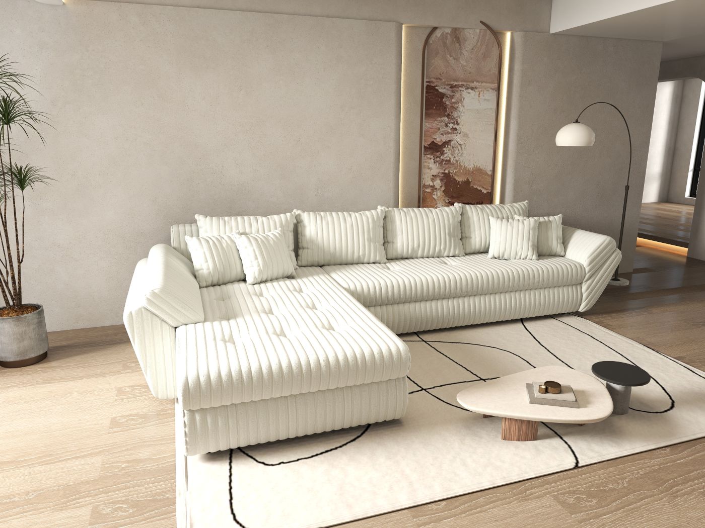 Colțar extensibil dumonde cu ladă de depozitare si sezut confortabil din spuma HR, Loana XL Ambience Ivory 335x185 cm Fabrica