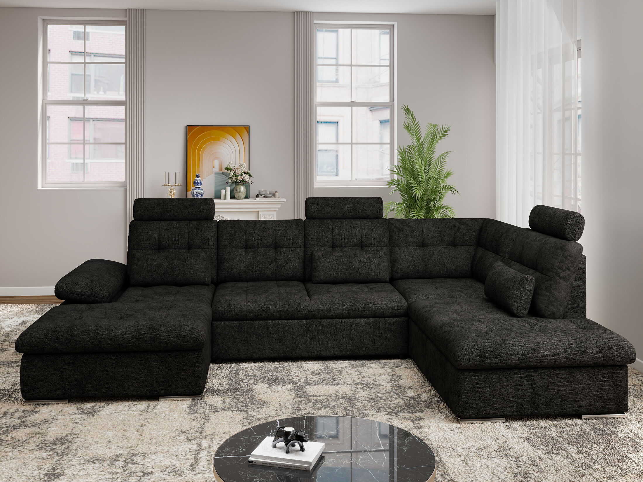 Colțar extensibil dumonde cu ladă de depozitare și șezut confortabil din spumă HR, Merkur U Enjoy Negru 324x218 cm