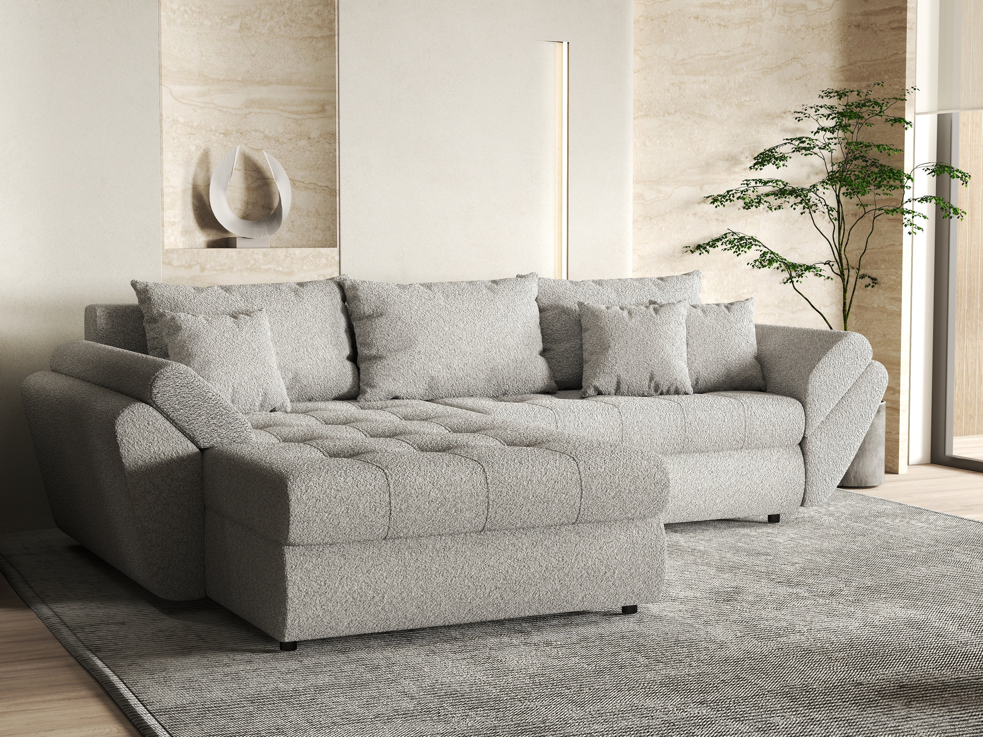 Colțar extensibil dumonde cu ladă de depozitare si sezut confortabil din spuma HR, Loana Euphoria Dove 270x185 cm Fabrica