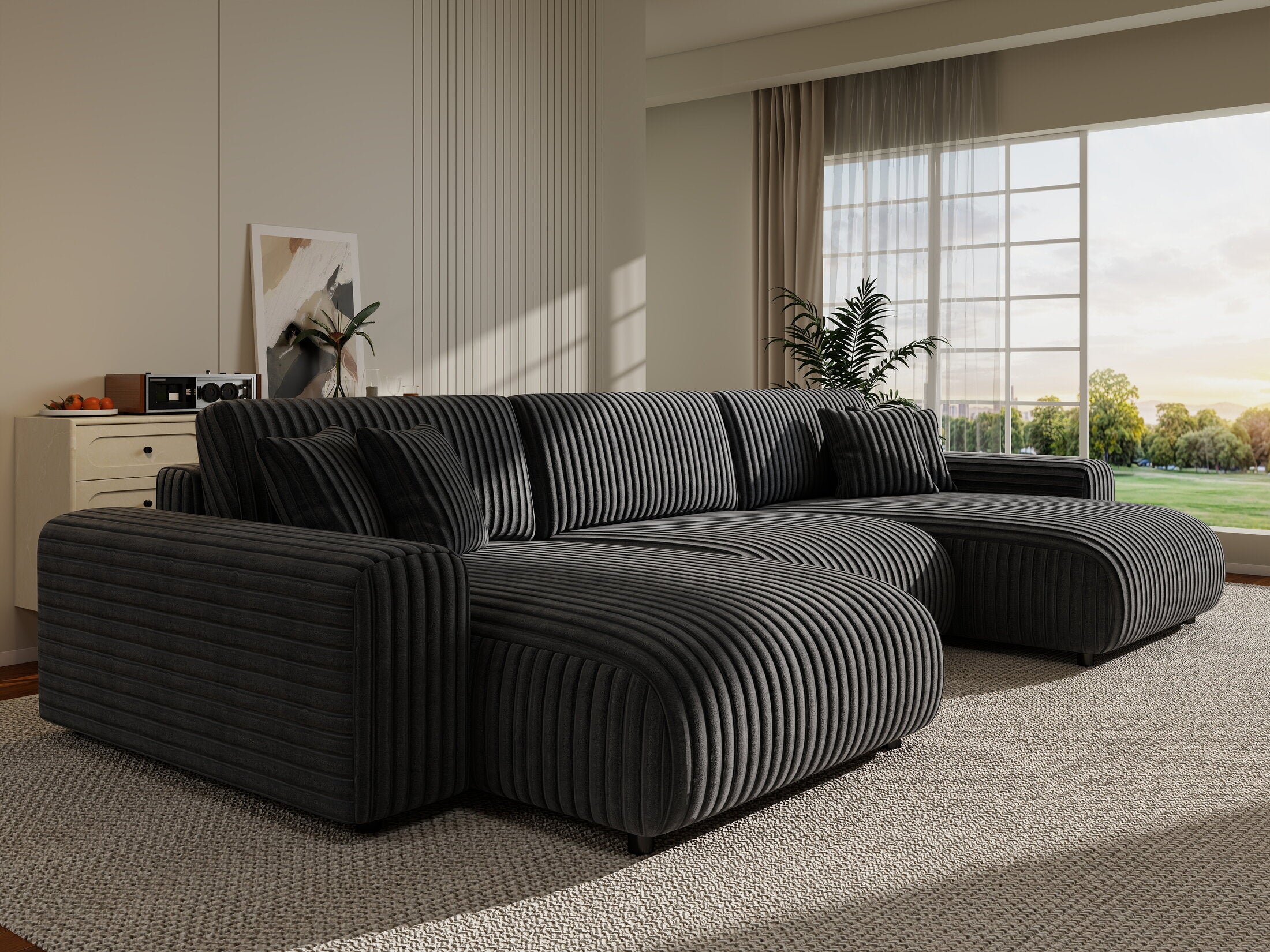 Colțar extensibil dumonde cu ladă de depozitare si sezut confortabil din spuma HR, Sarina U Ambience Gri 350x168 cm