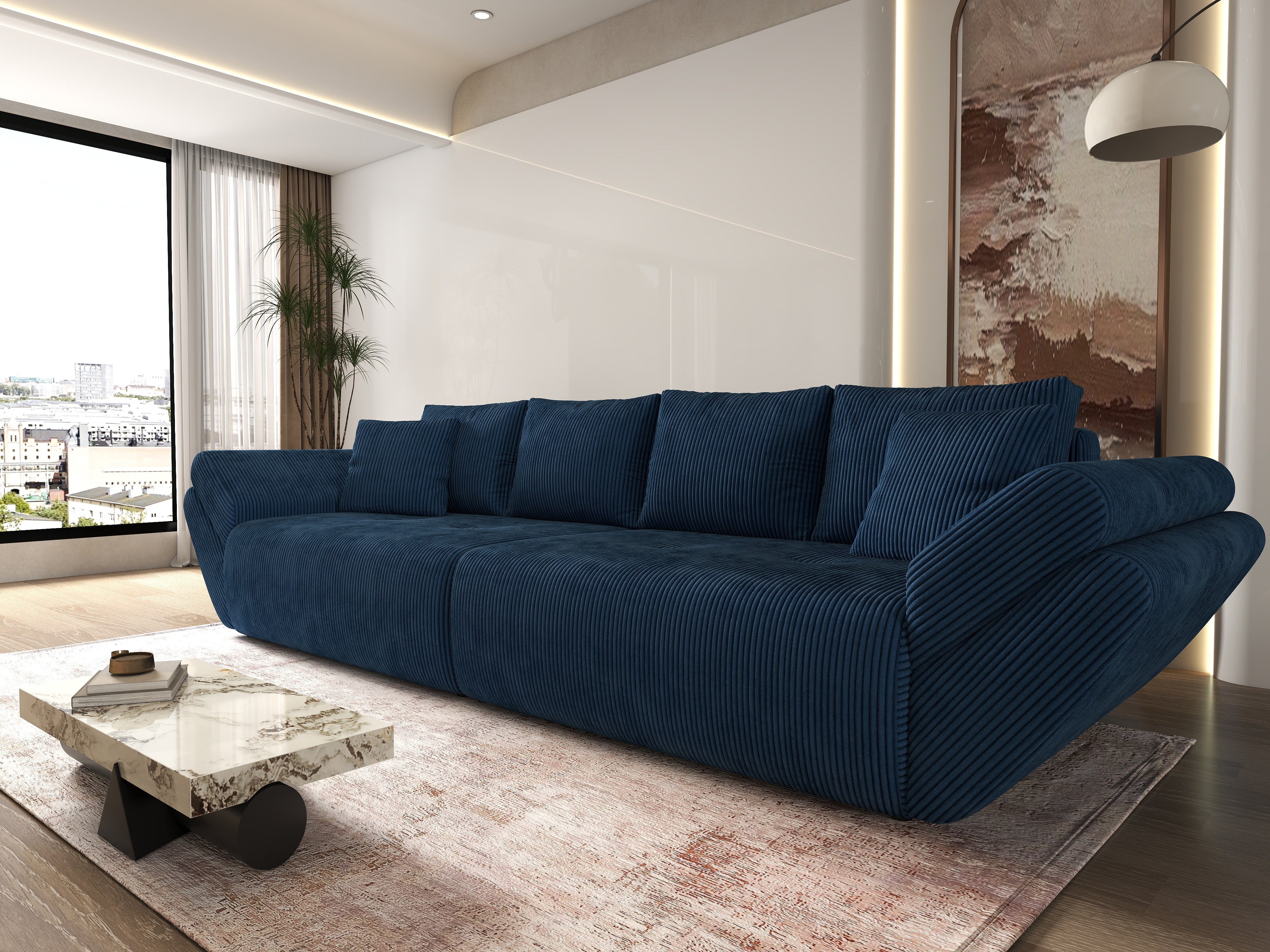 Canapea extensibilă dumonde cu ladă de depozitare si sezut confortabil din spuma HR, Berlin Zoom Blue 300x100 cm Fabrica