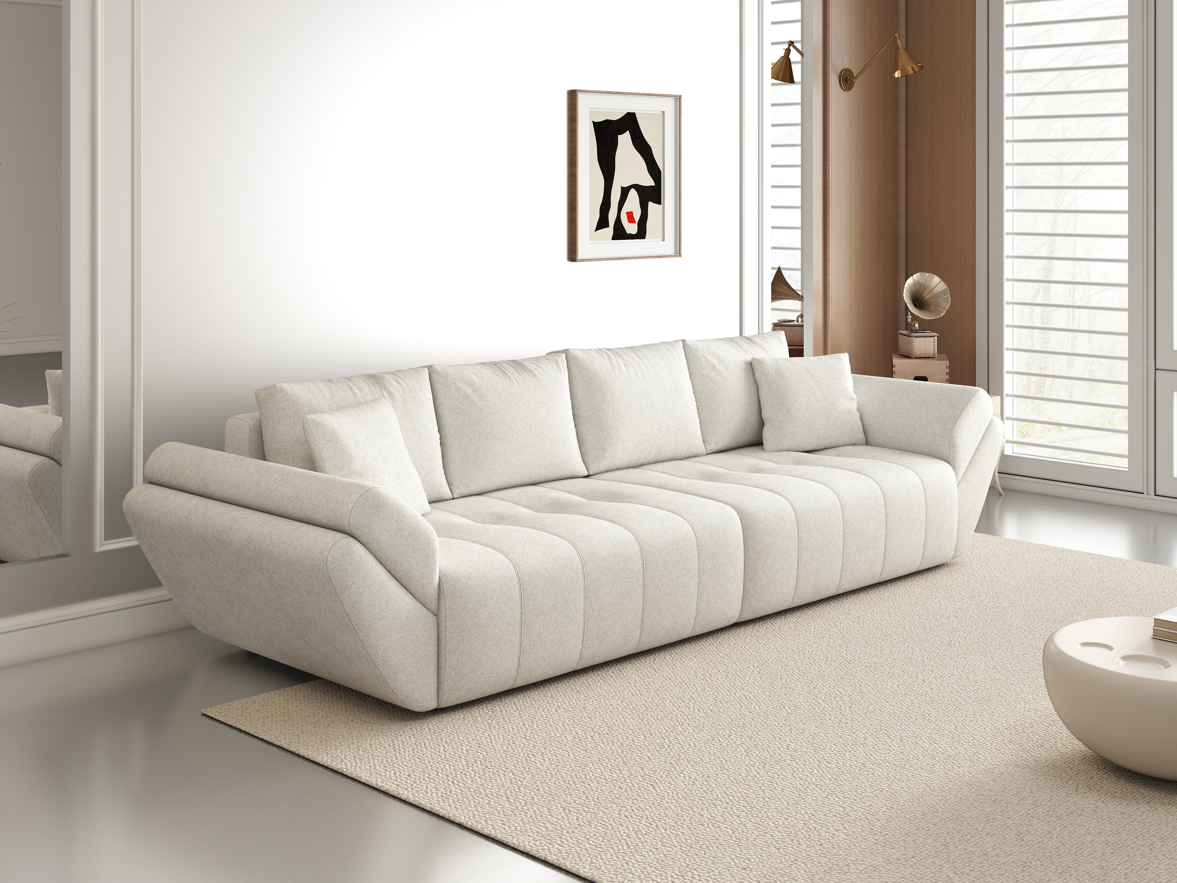 Canapea extensibilă dumonde cu ladă de depozitare si sezut confortabil din spuma HR, Berlin Euphoria Ivory 300x100 cm Fabrica