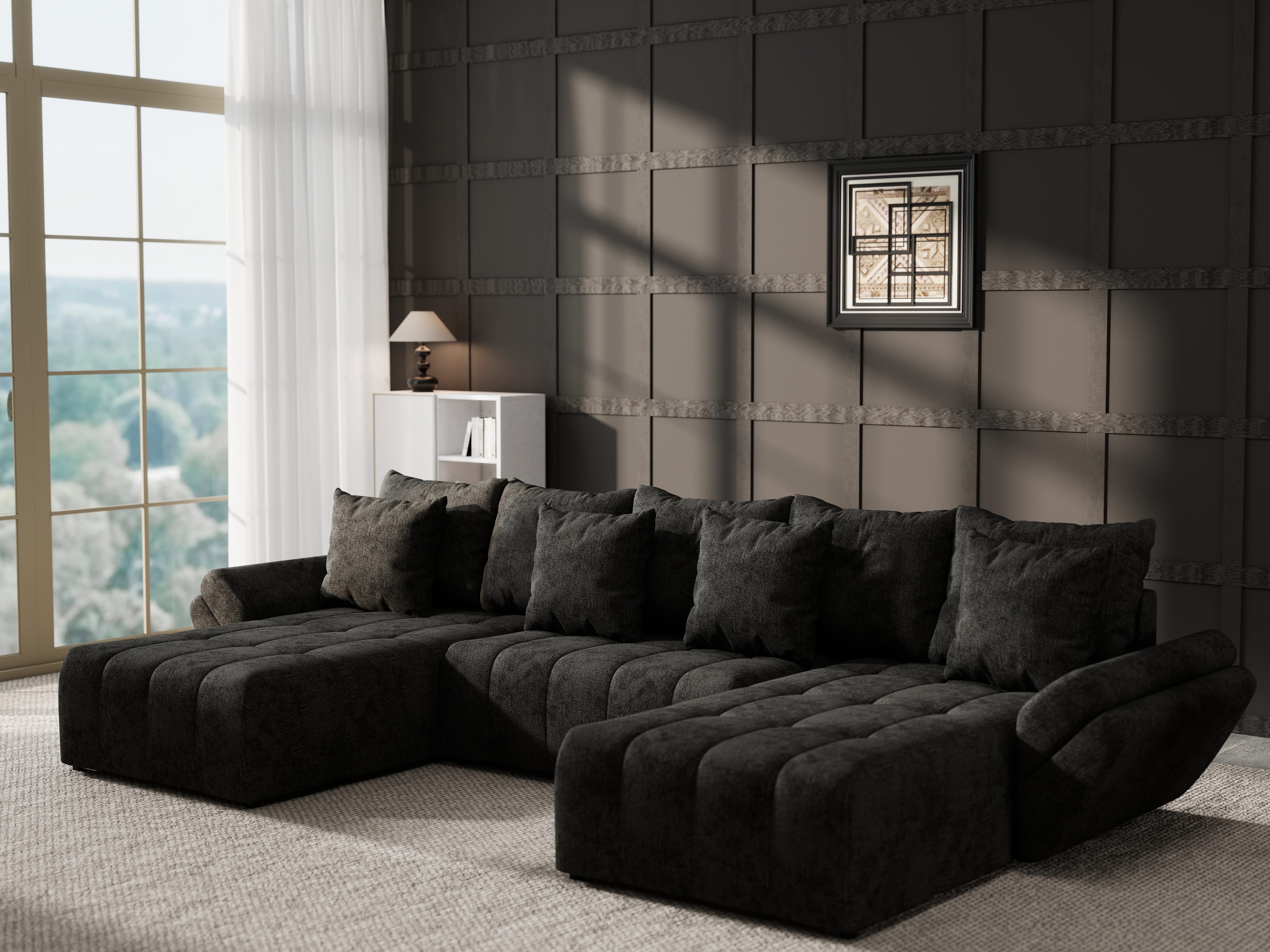 Colțar extensibil dumonde cu ladă de depozitare si sezut confortabil din spuma HR, Berlin U Enjoy Black 380x180 cm Fabrica