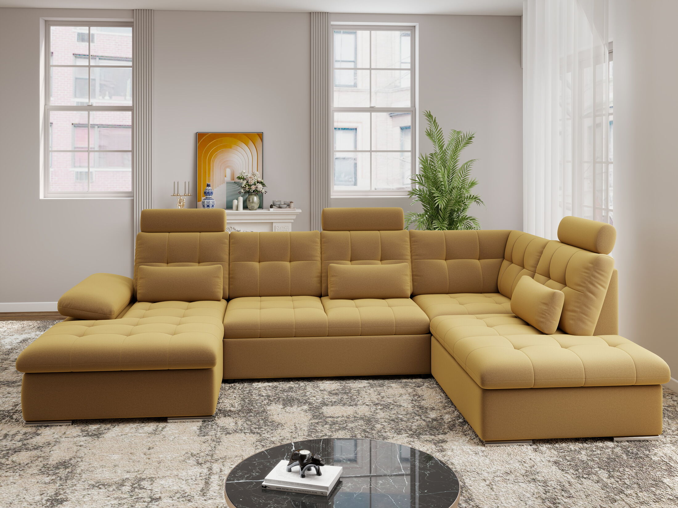 Colțar extensibil dumonde cu ladă de depozitare și șezut confortabil din spumă HR, Merkur U Royal Mustar 324x218 cm