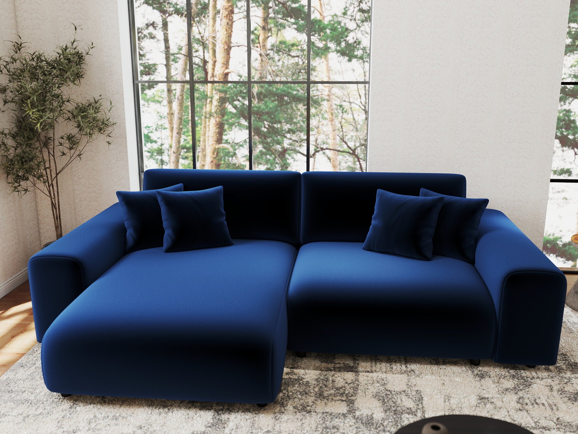 Colțar extensibil dumonde cu ladă de depozitare si sezut confortabil din spuma HR, Sarina Royal Albastru Navy 255x168 cm