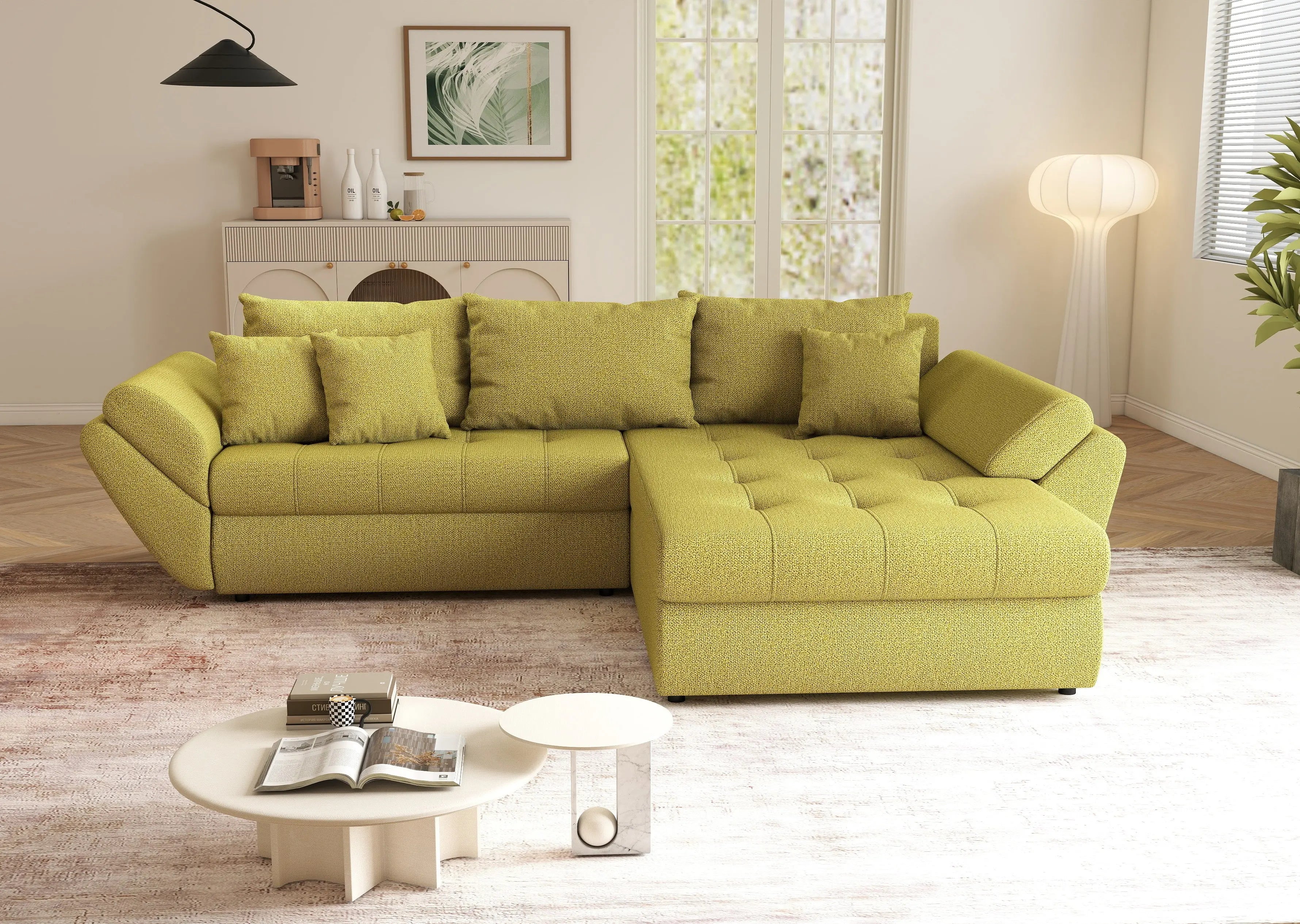 Colțar extensibil dumonde cu ladă de depozitare si sezut confortabil din spuma HR, Loana Green Lux II 270x185 cm Fabrica