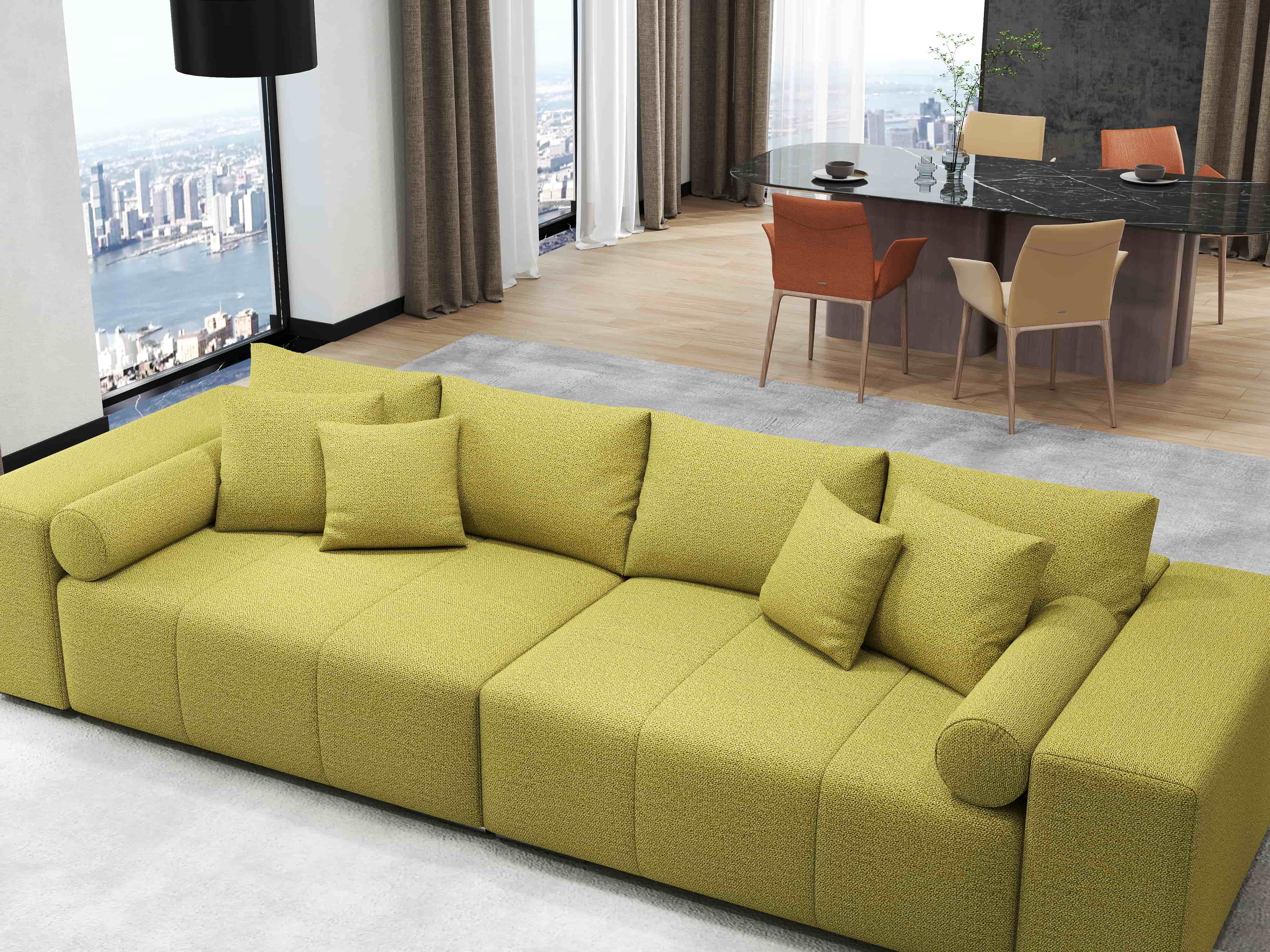 Canapea extensibilă dumonde cu ladă de depozitare si sezut confortabil din spuma HR, Marbela Green Lux XXL 295x100 cm Fabrica