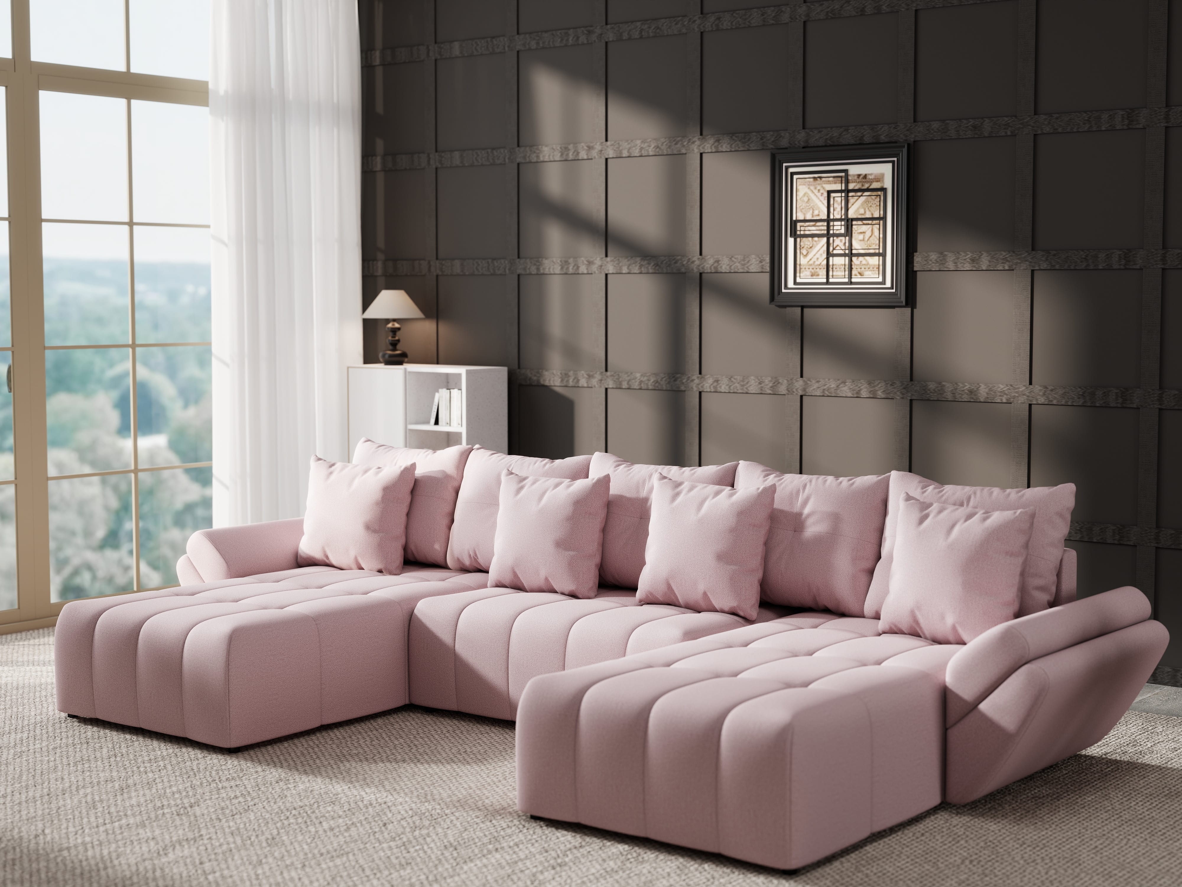 Colțar extensibil dumonde cu ladă de depozitare si sezut confortabil din spuma HR, Berlin U Enjoy Flamingo 380x180 cm Fabrica