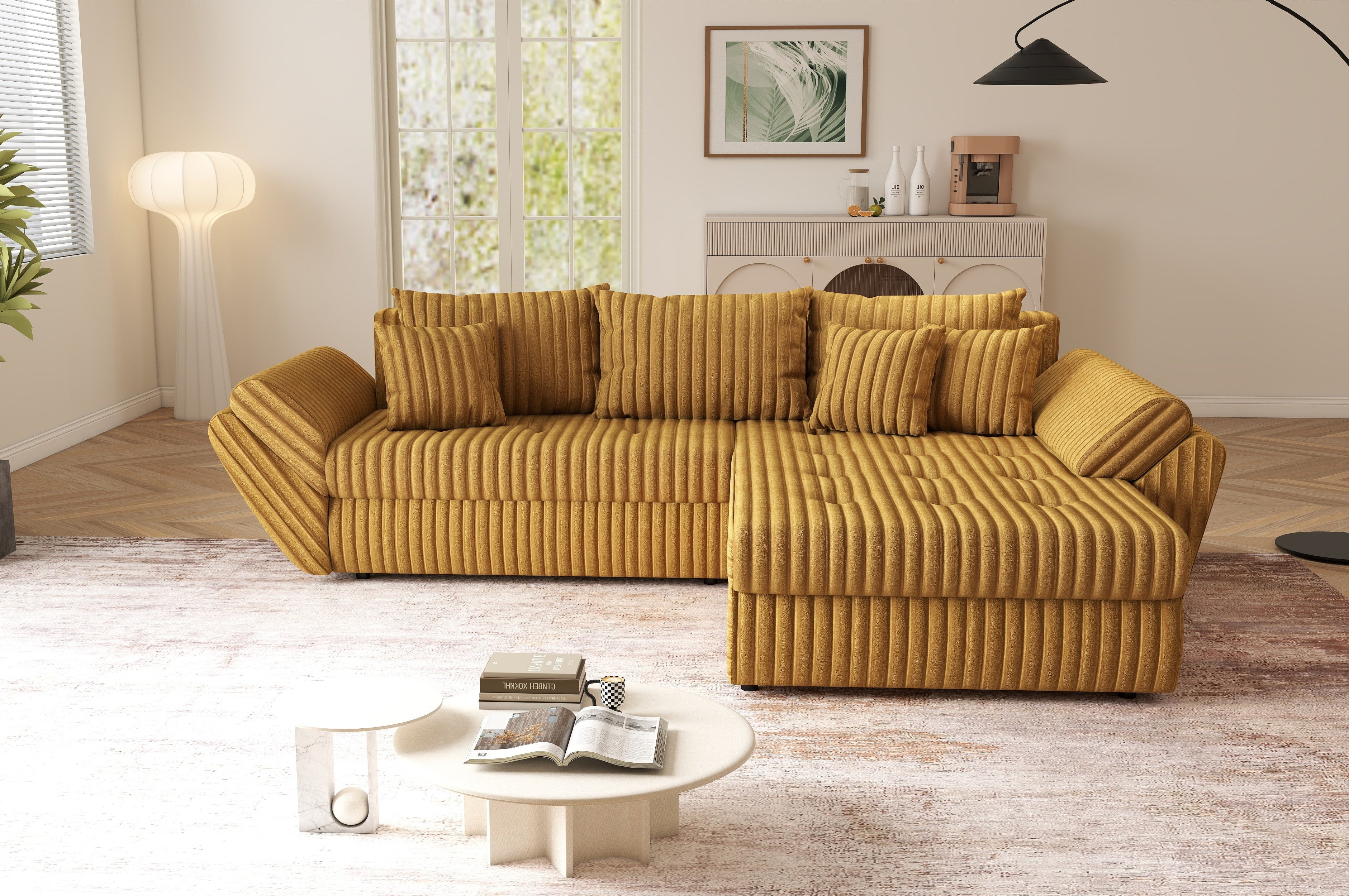 Colțar extensibil dumonde cu ladă de depozitare si sezut confortabil din spuma HR, Loana Ambience Mustar II 270x185 cm Fabrica